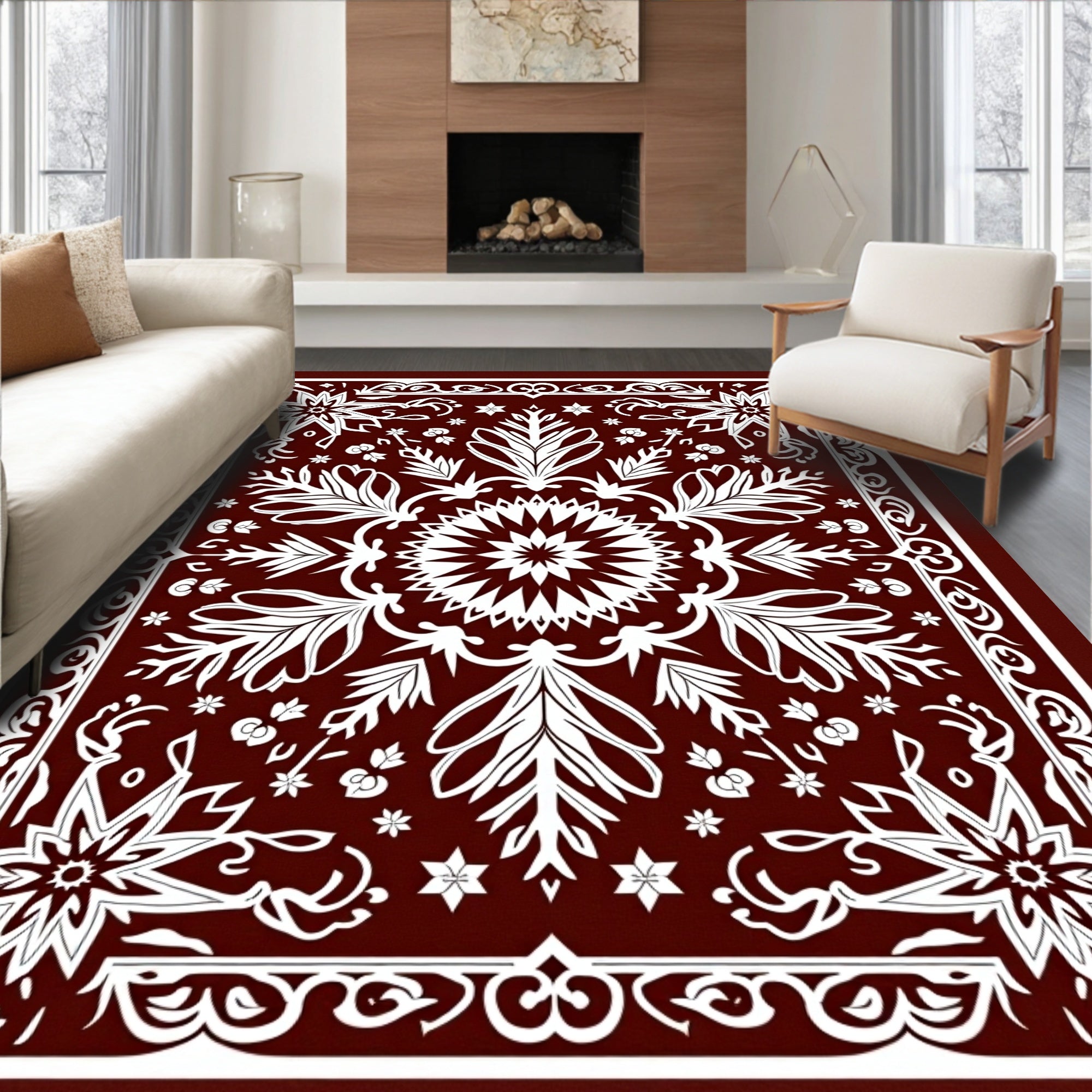 Rich Crimson Floral Lace Medallion Rug