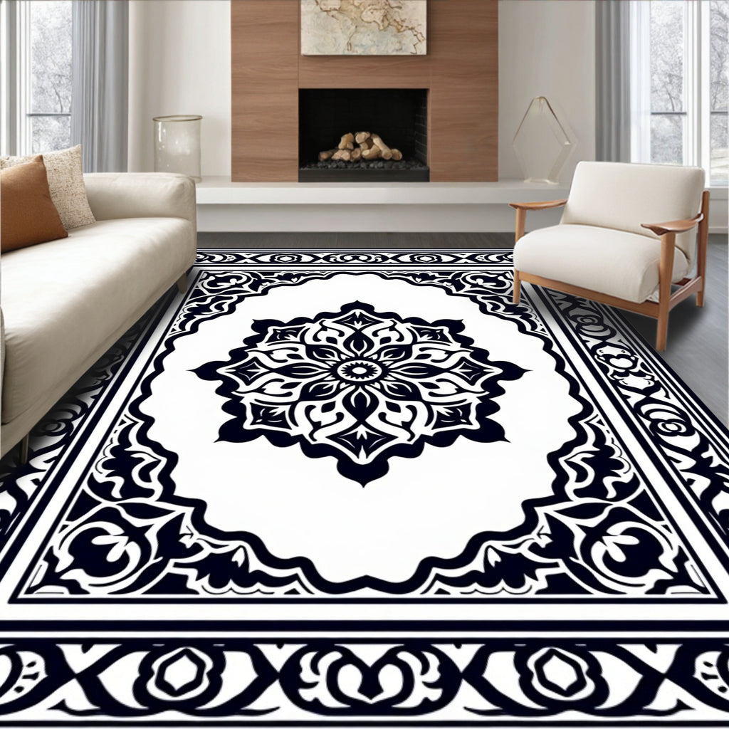 Black White Palmette Medallion Frame Rug