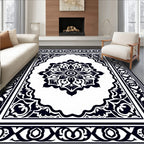 Black White Palmette Medallion Frame Rug