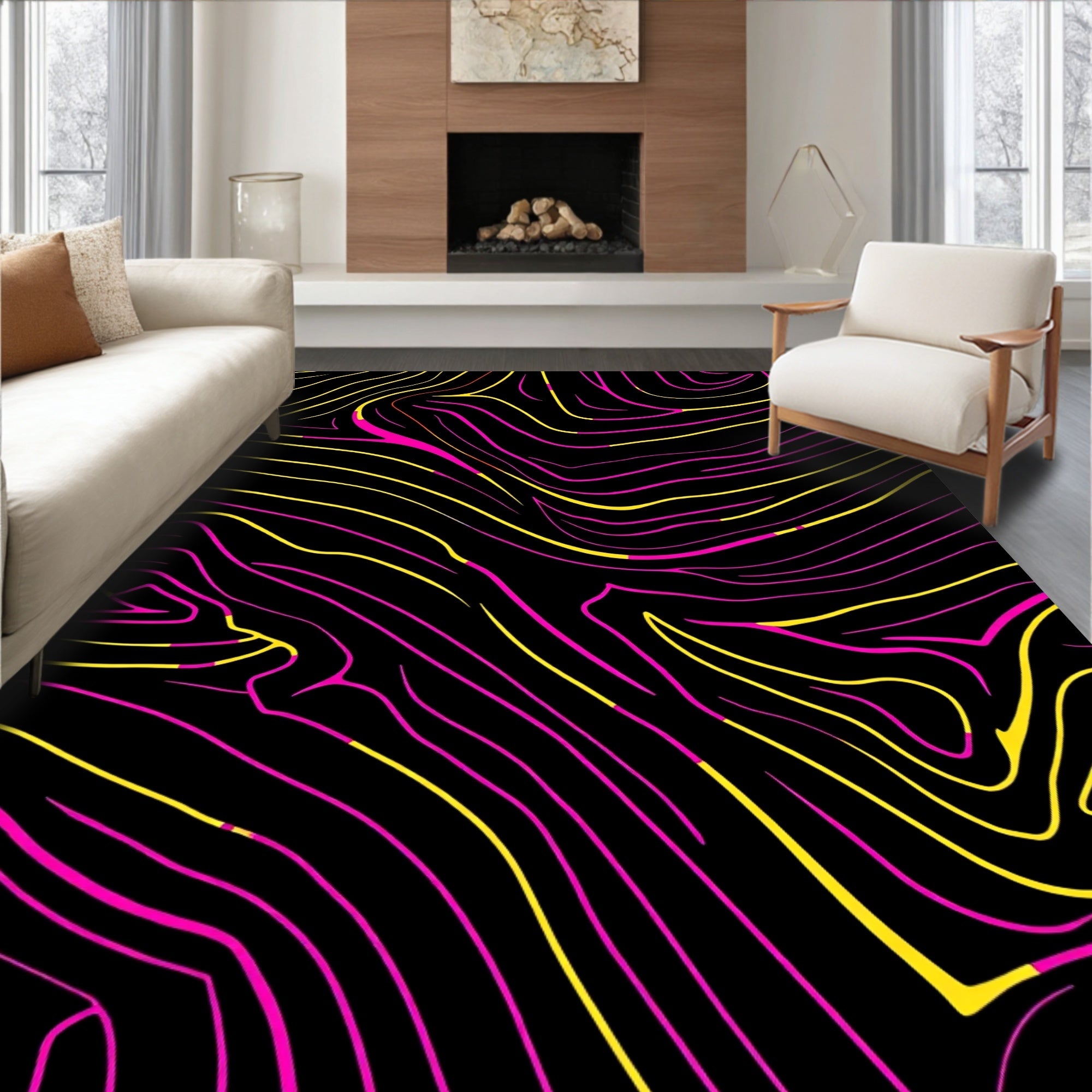 Vibrant Yellow Pink Wavy Lines Rug
