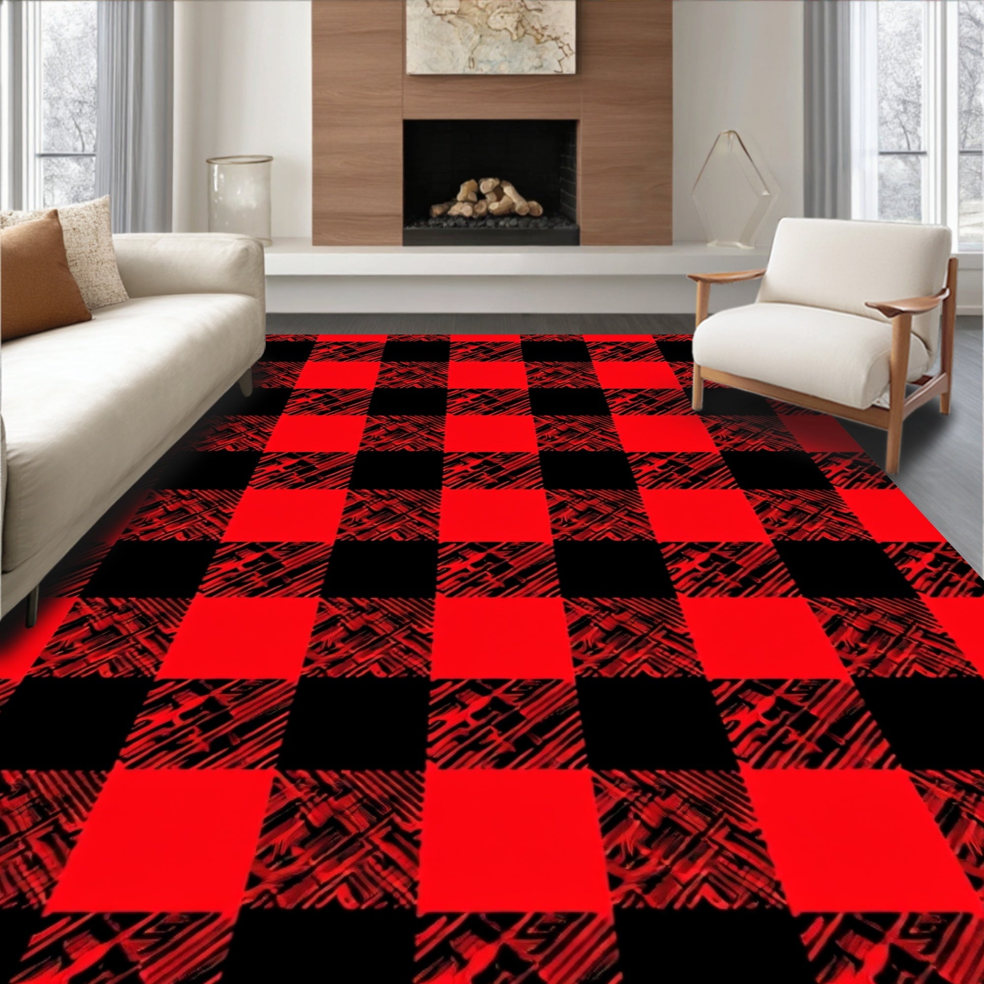 Bold Red Black Buffalo Check Texture Rug