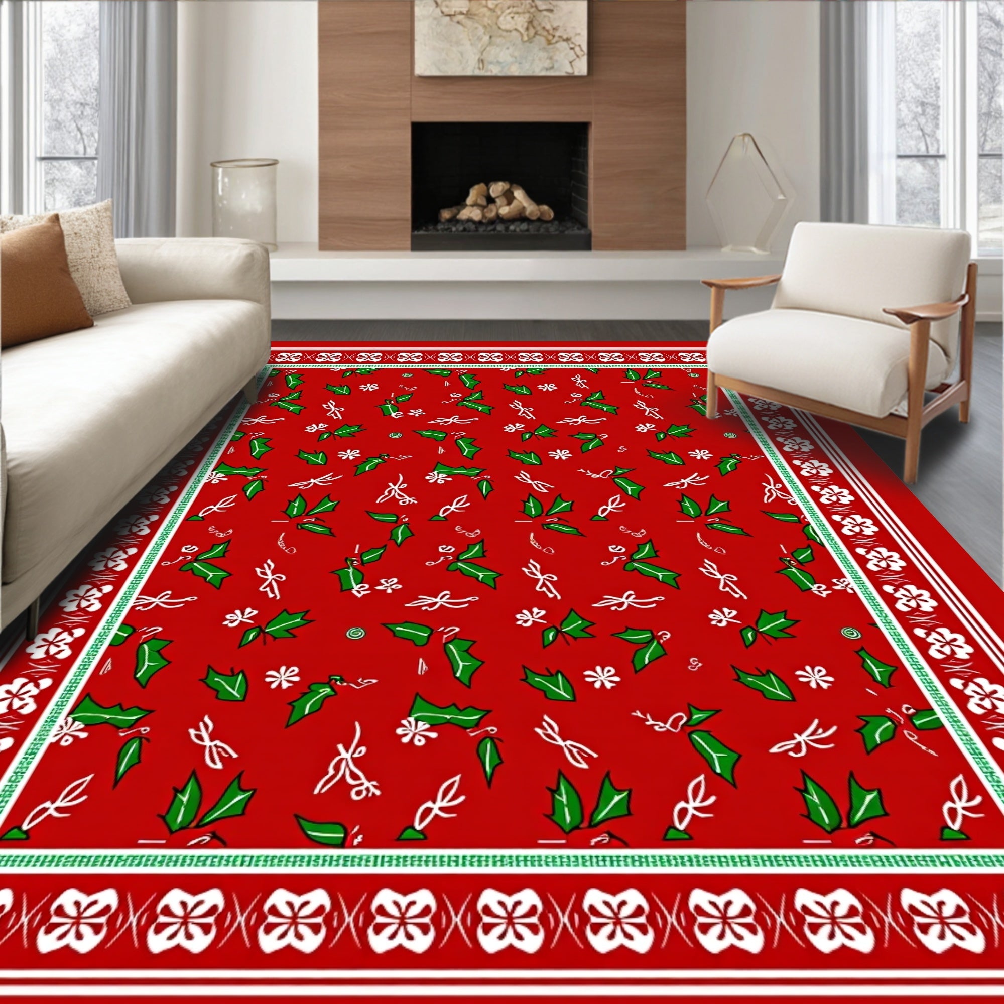Red Holly Berry Garland Border Rug