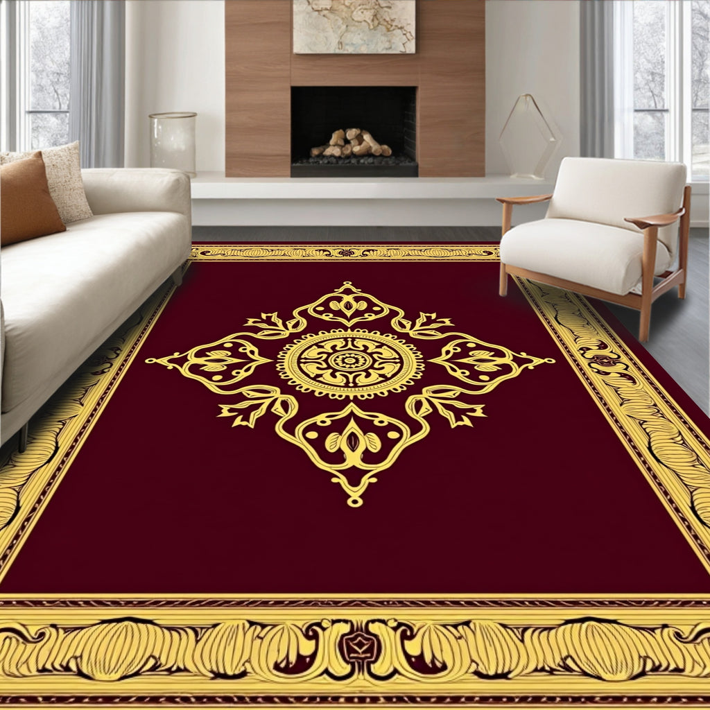 Gold Crimson Ornate Floral Medallion Rug