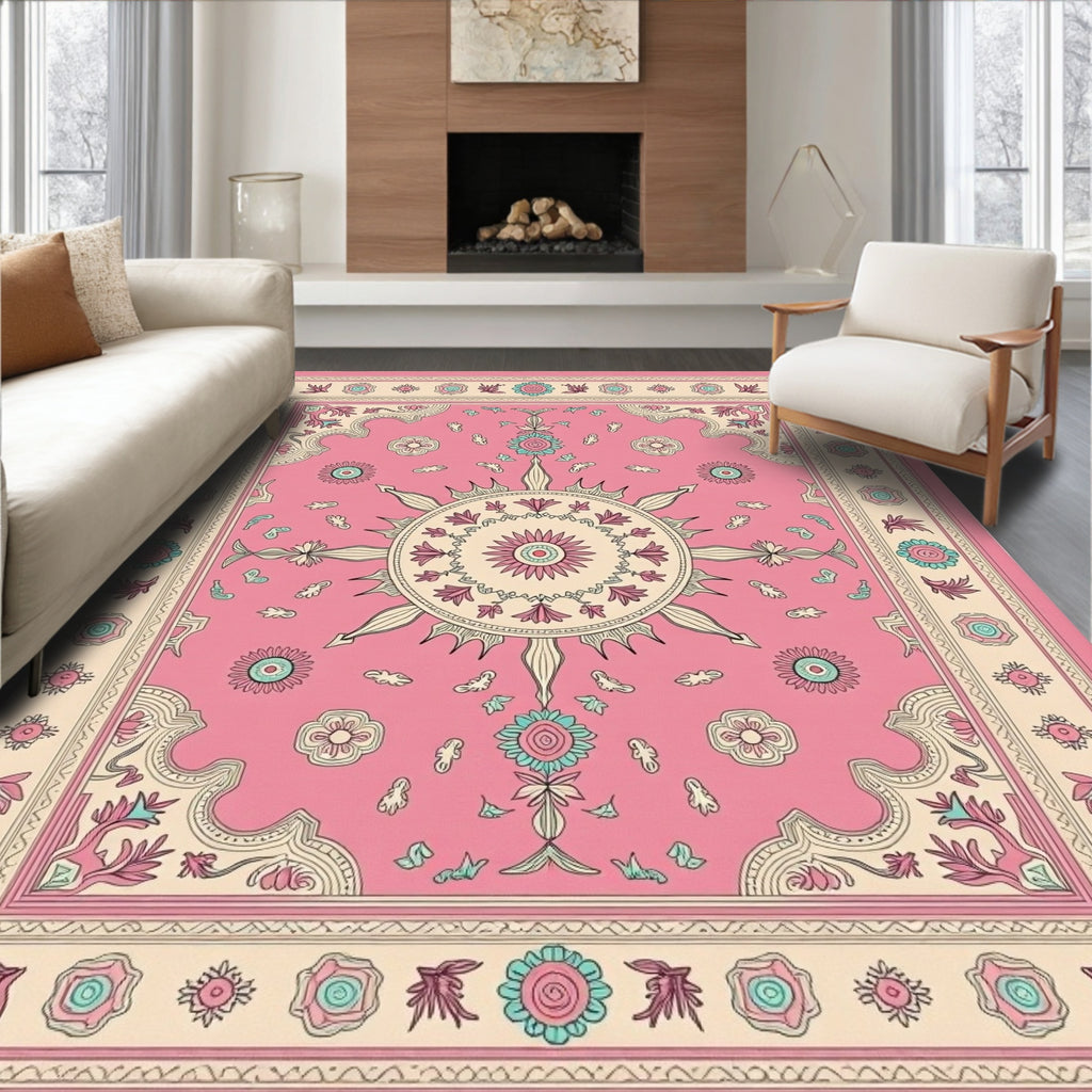 Pink Floral Mandala Sunburst Rug