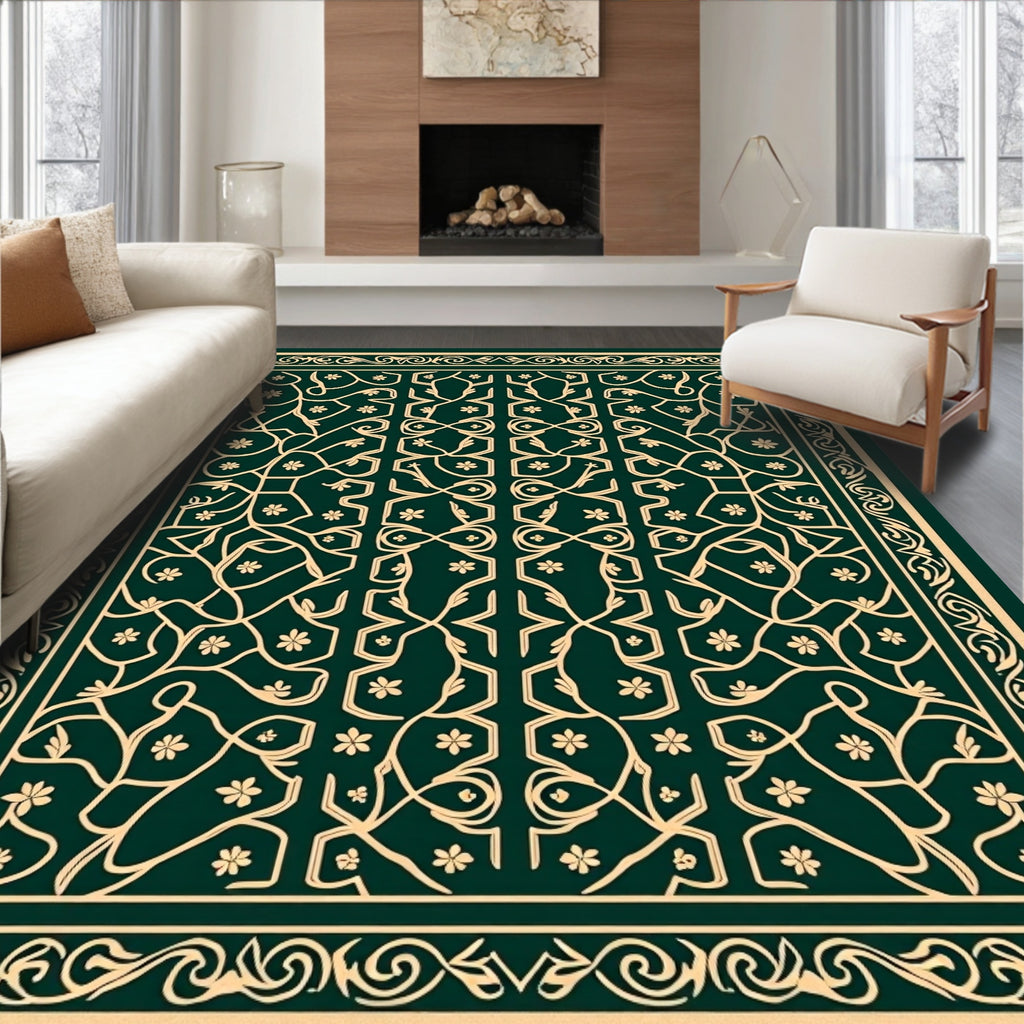 Emerald Golden Floral Vine Lattice Rug