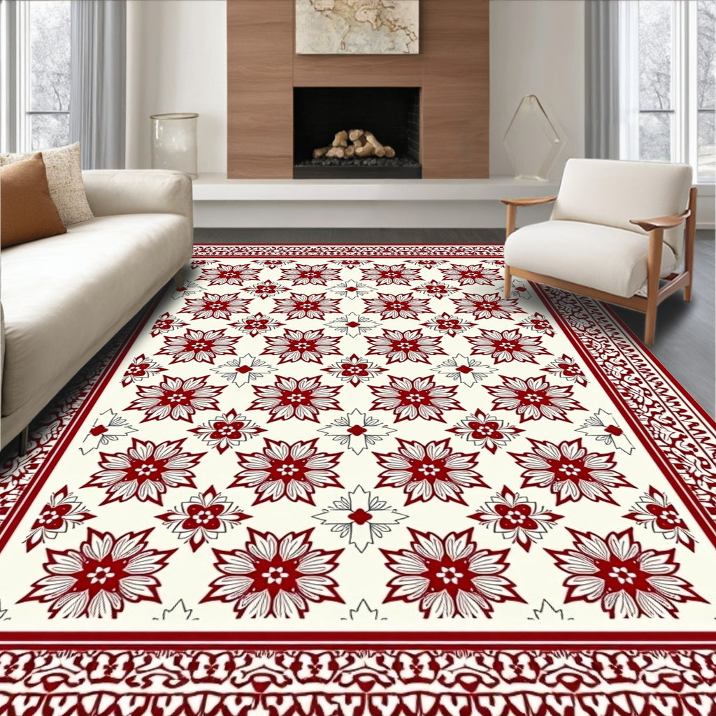 Deep Red Floral Garden Medallion Rug