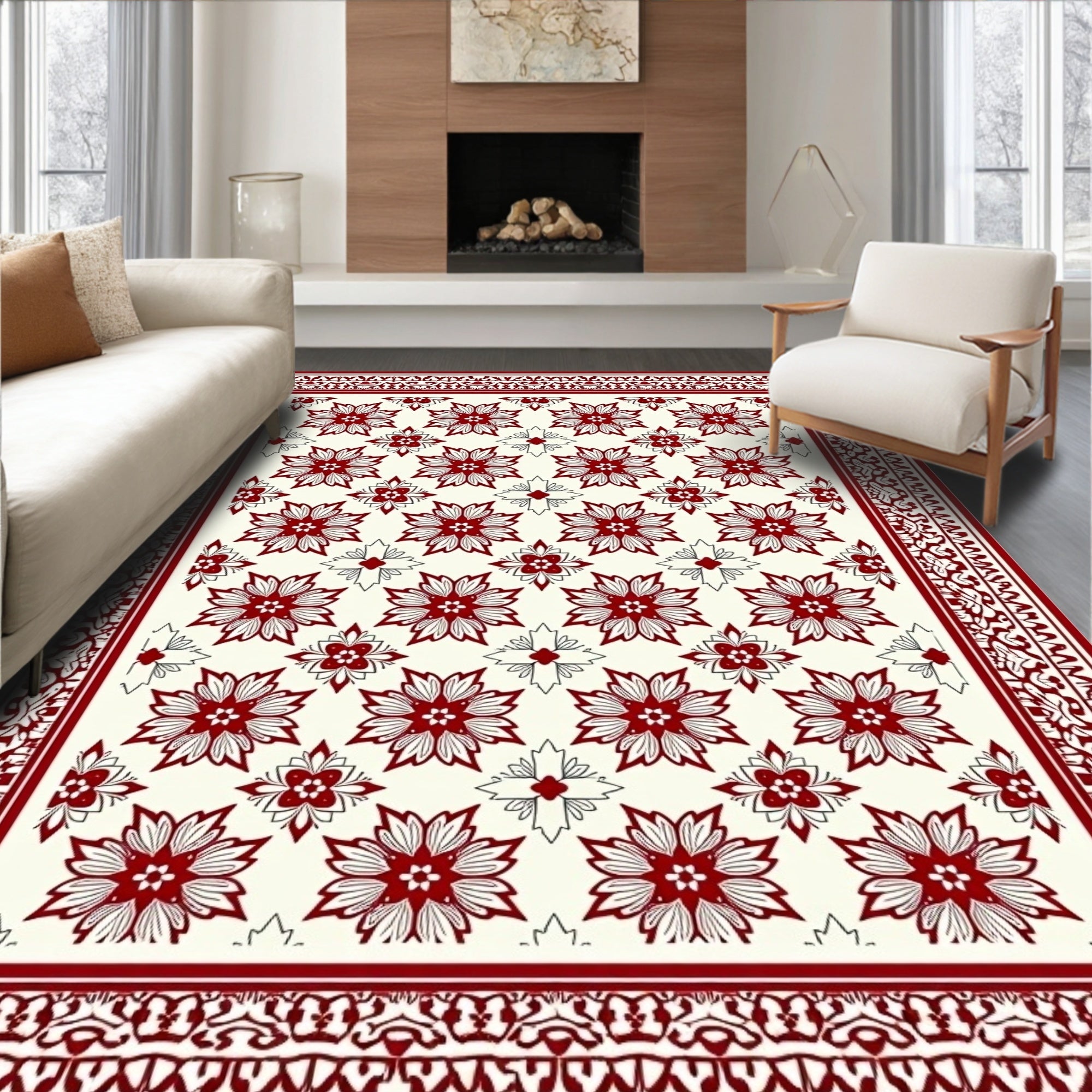 Deep Red Floral Garden Medallion Rug