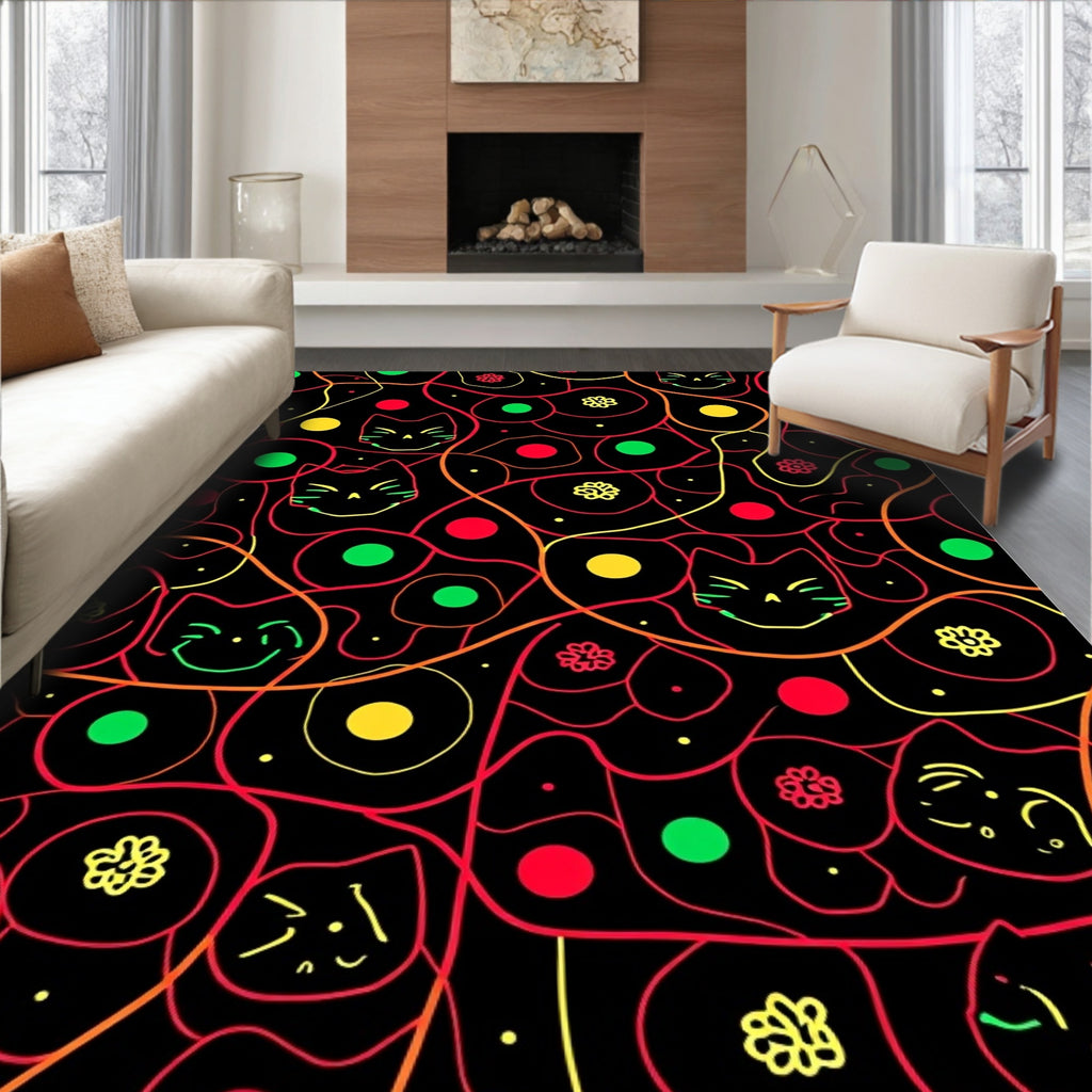 Playful Black Cat Faces Abstract Lines Rug