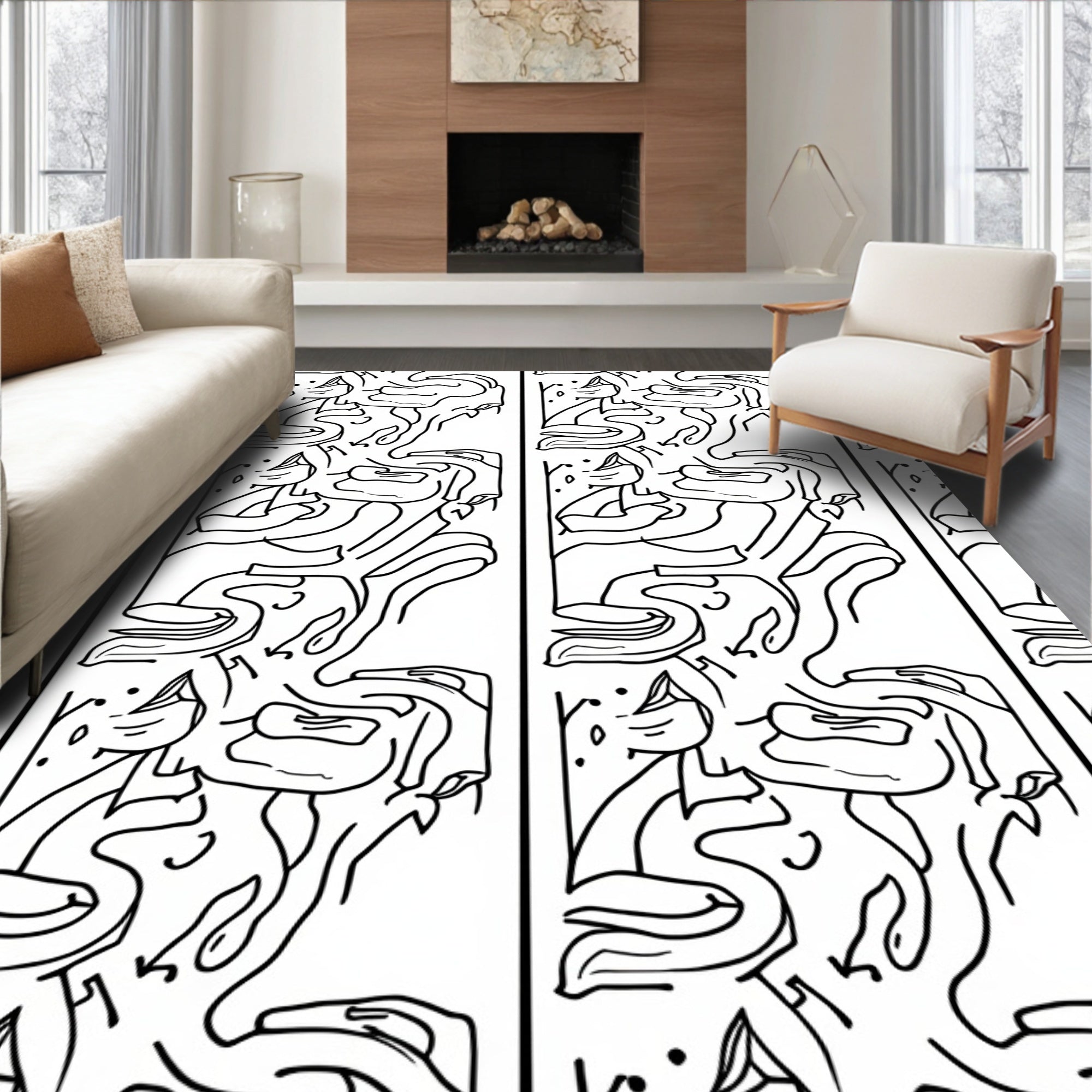 Abstract Black White Organic Flow Rug