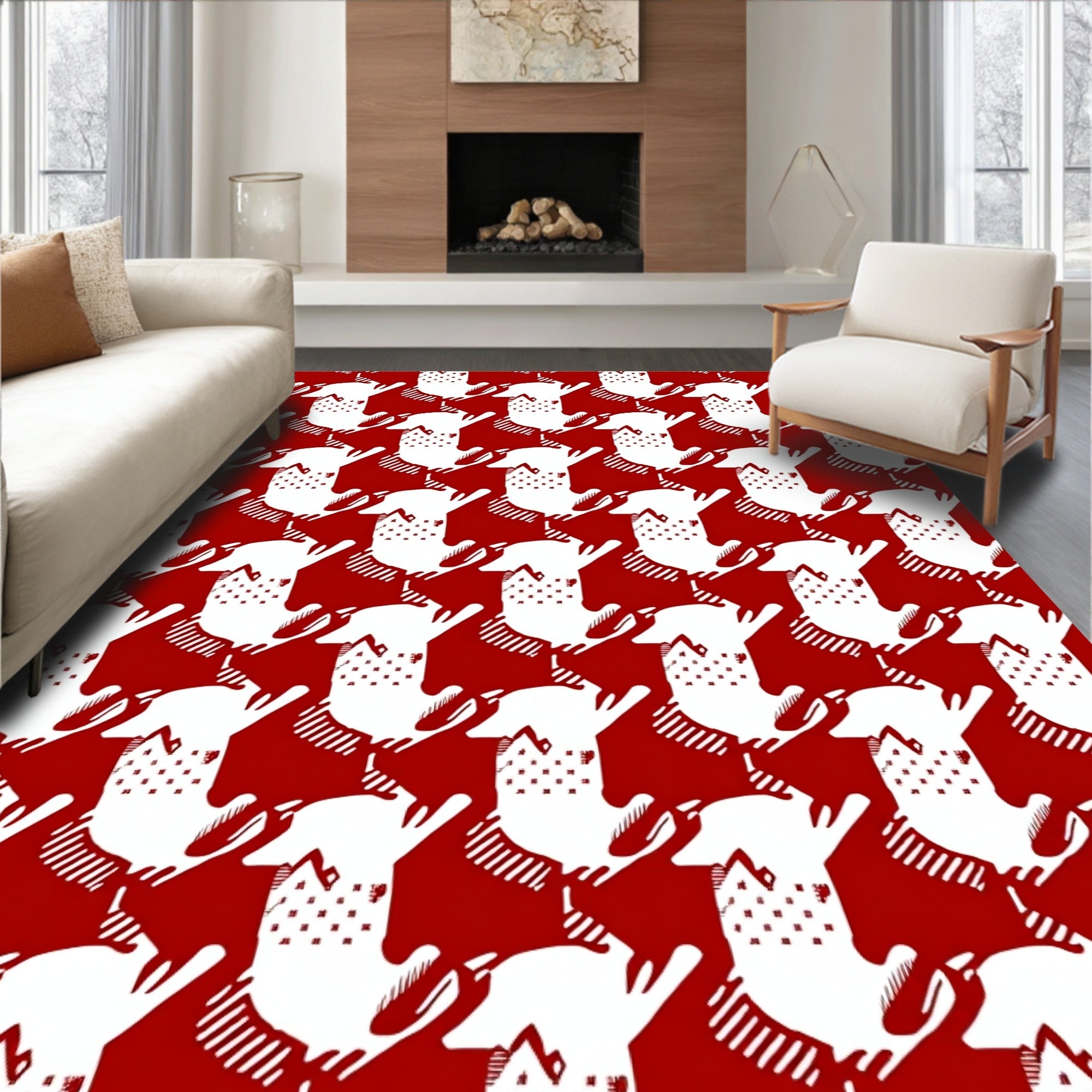 Red and White Houndstooth Dog Tile Rug