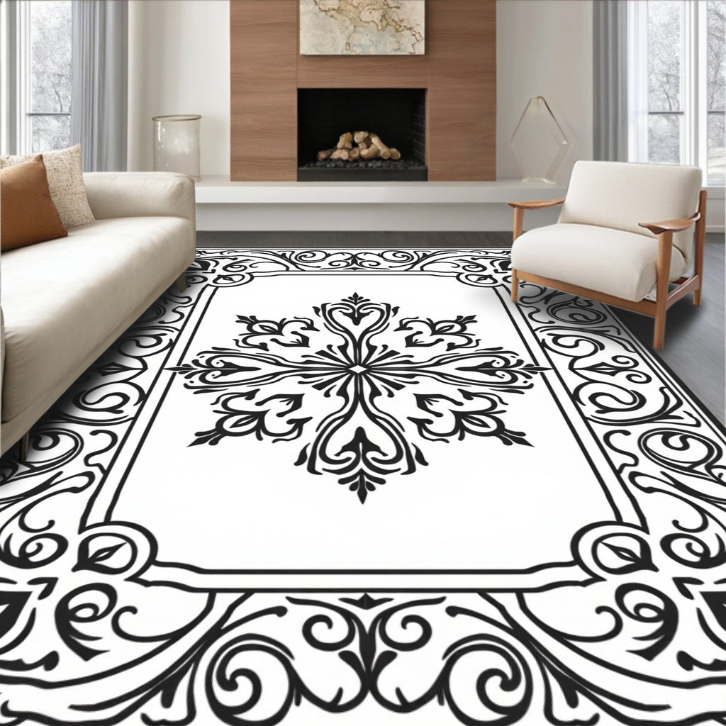 Ornate Black Floral Medallion Frame Rug