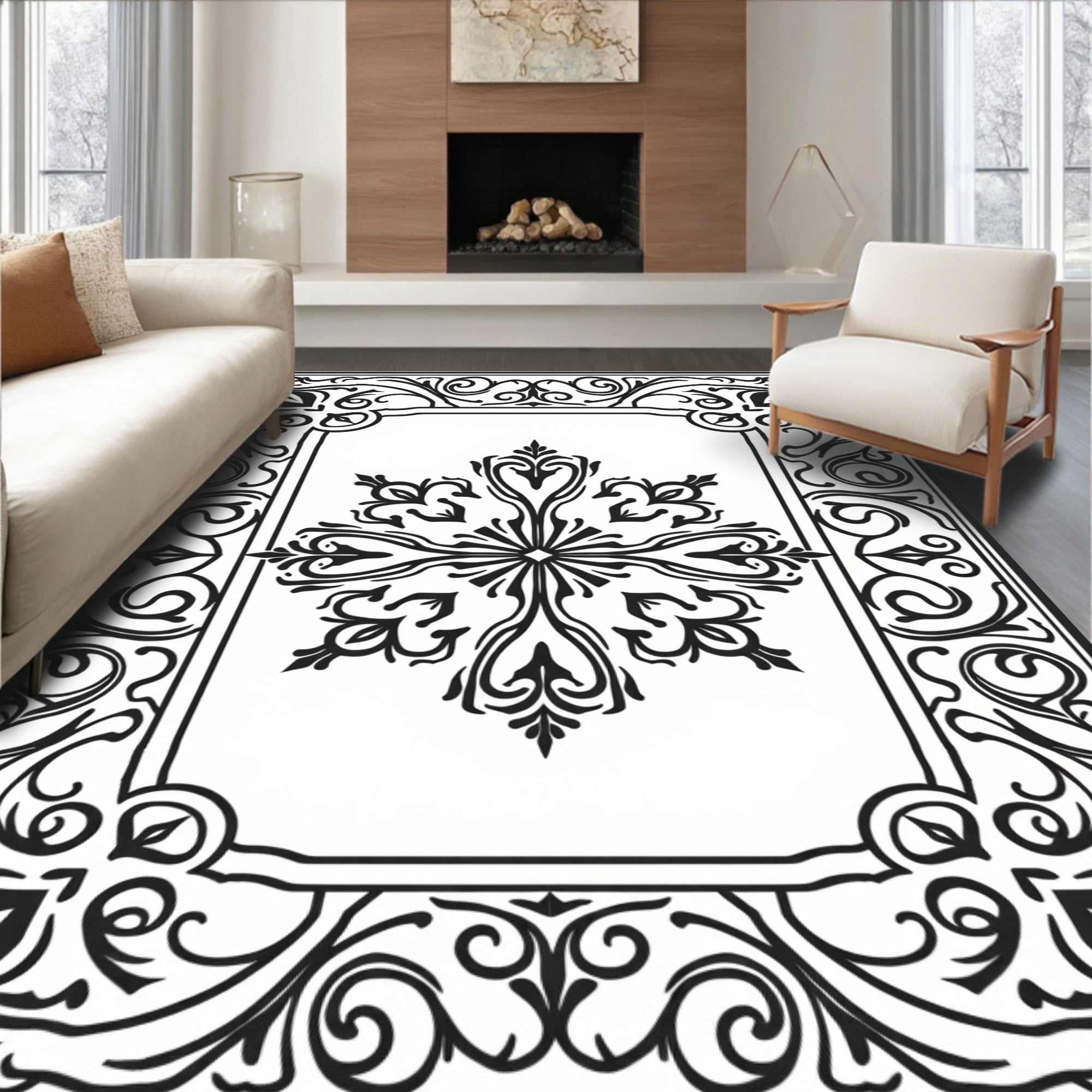 Ornate Black Floral Medallion Frame Rug