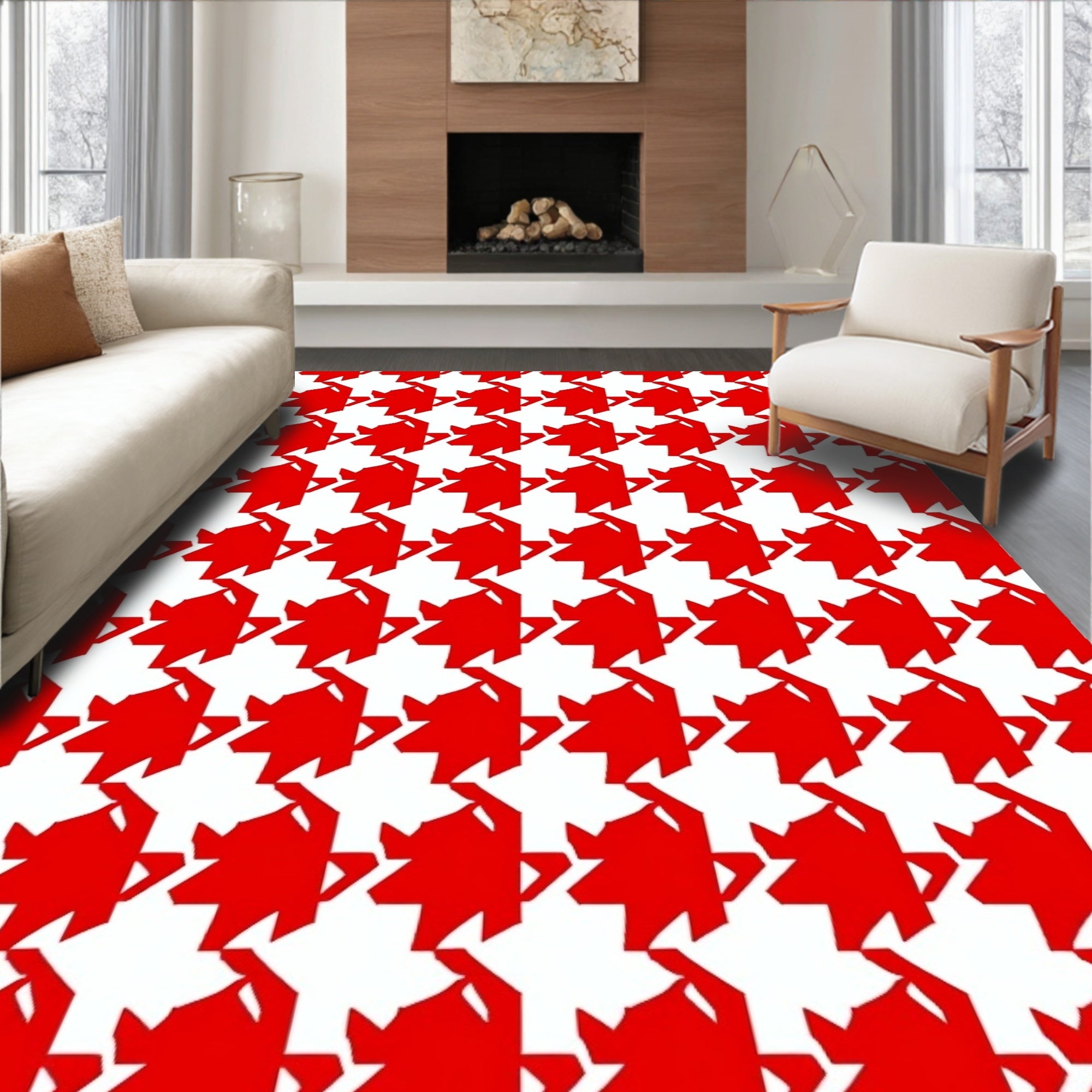 Bold Red Houndstooth Geometric Rug