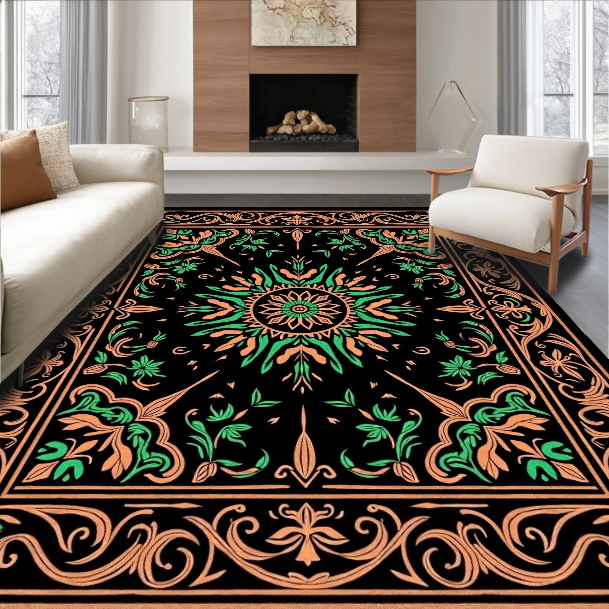 Ornate Black Coral Sun Medallion Rug