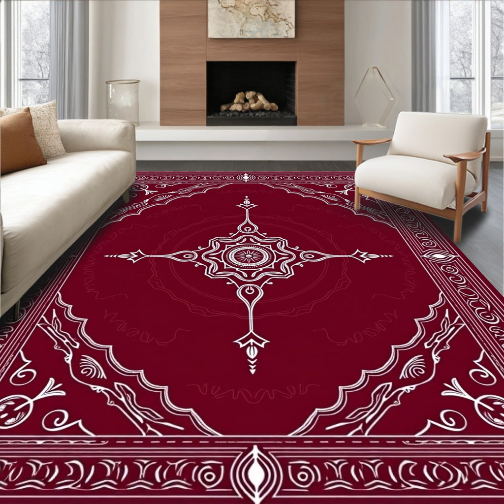 Crimson and White Intricate Mandala Rug