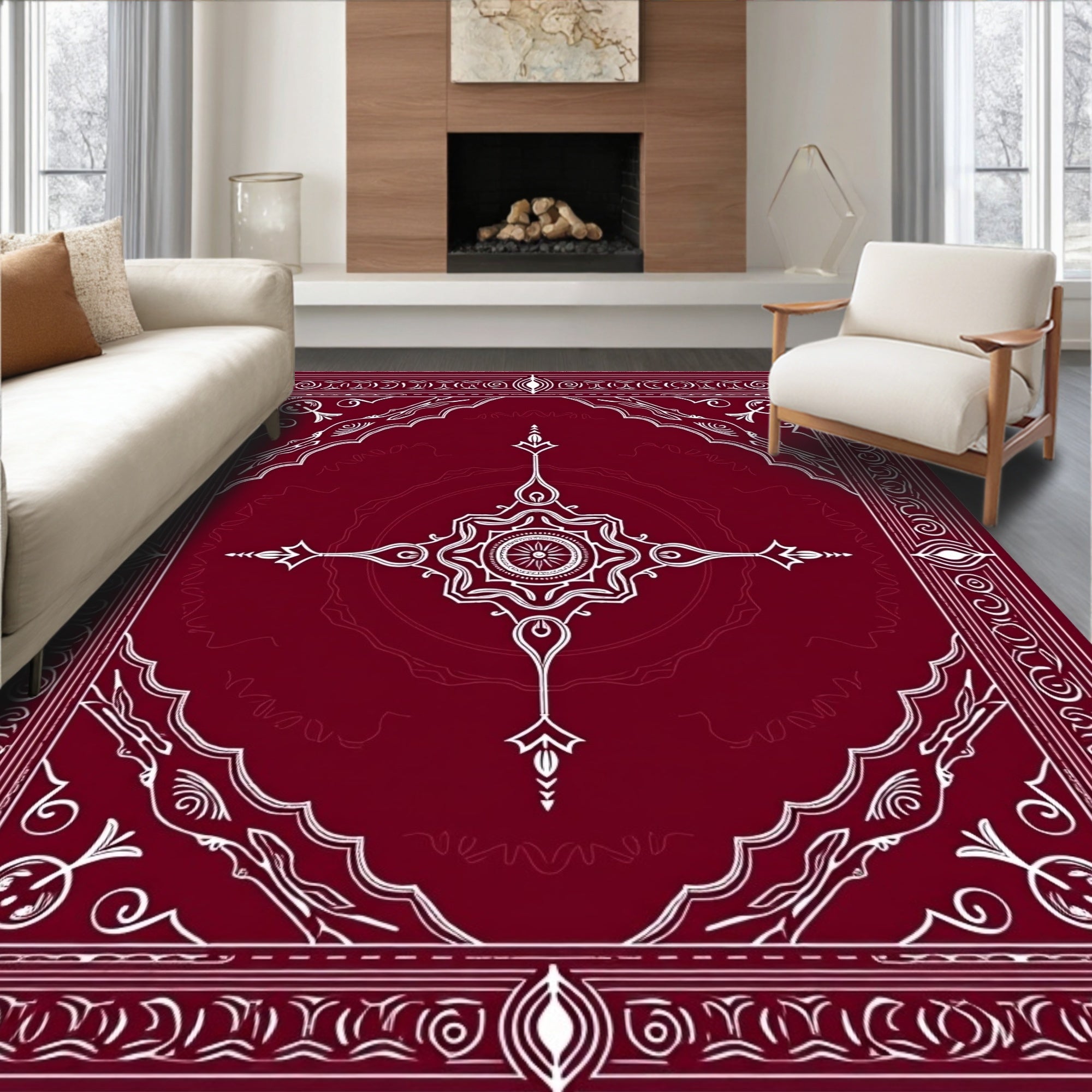 Crimson and White Intricate Mandala Rug