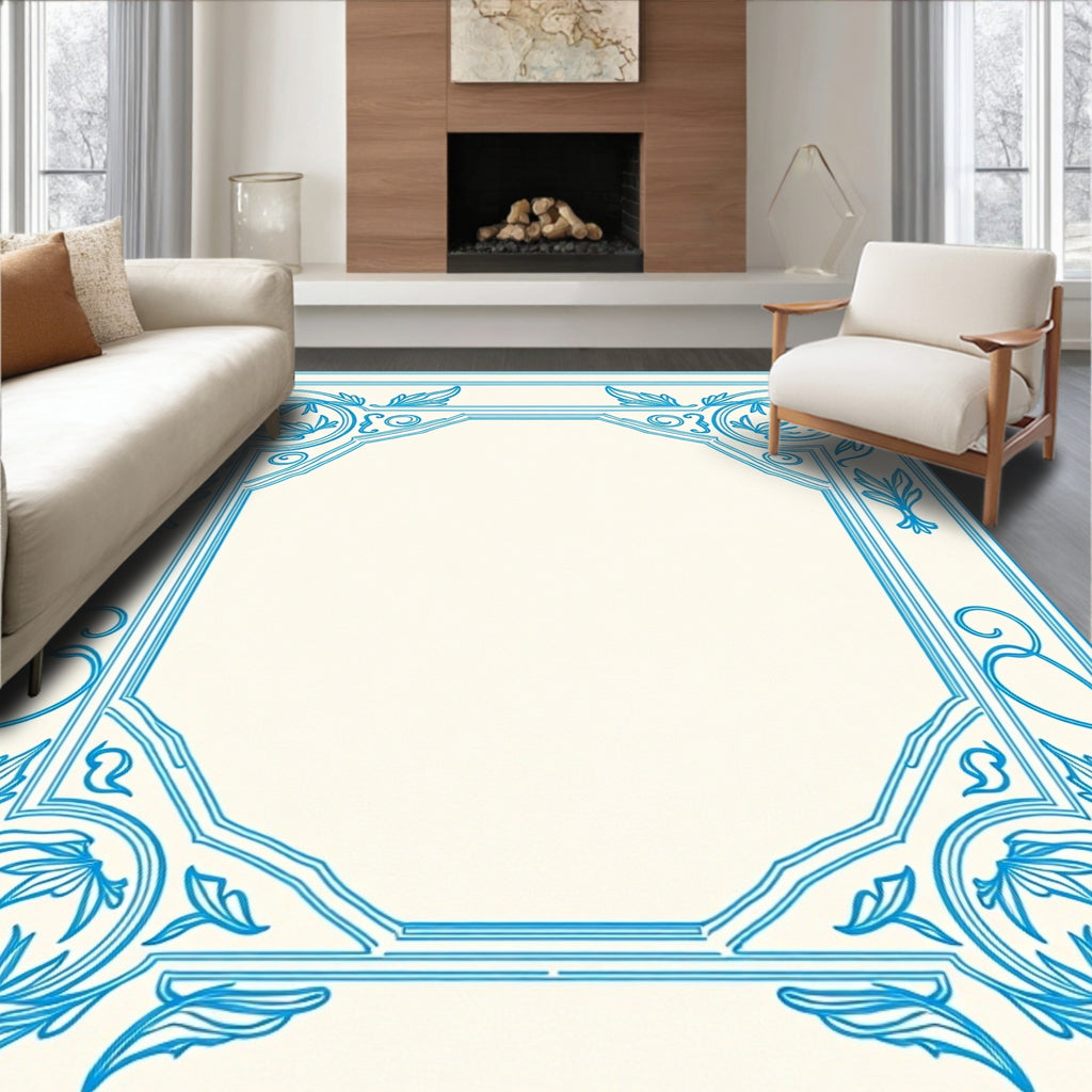 Blue Floral Acanthus Scroll Frame Rug