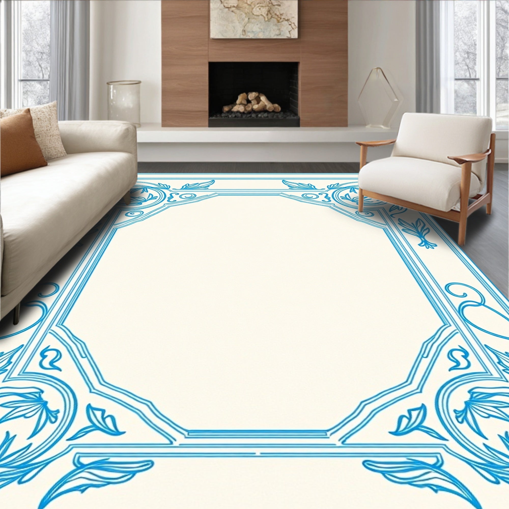 Blue Floral Acanthus Scroll Frame Rug