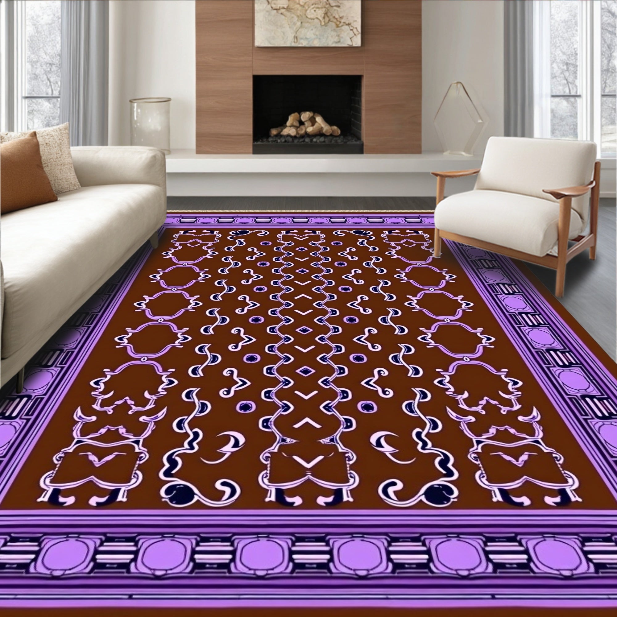 Rich Brown Lavender Ornamental Scroll Rug