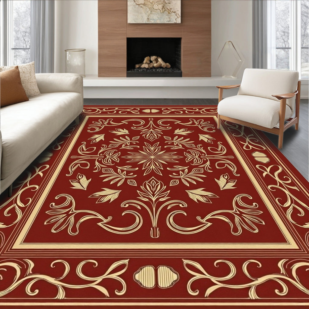 Rich Red Gold Floral Scroll Rug