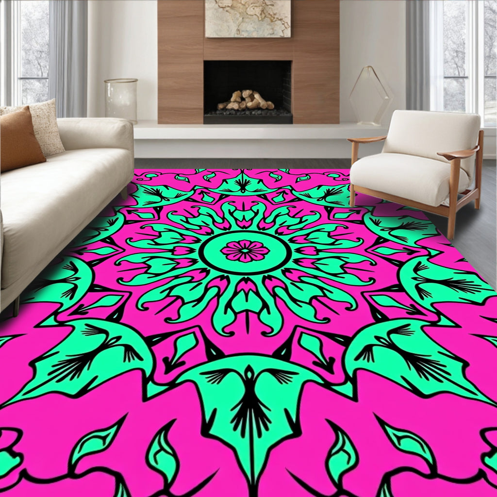 Vibrant Magenta Teal Floral Mandala Rug