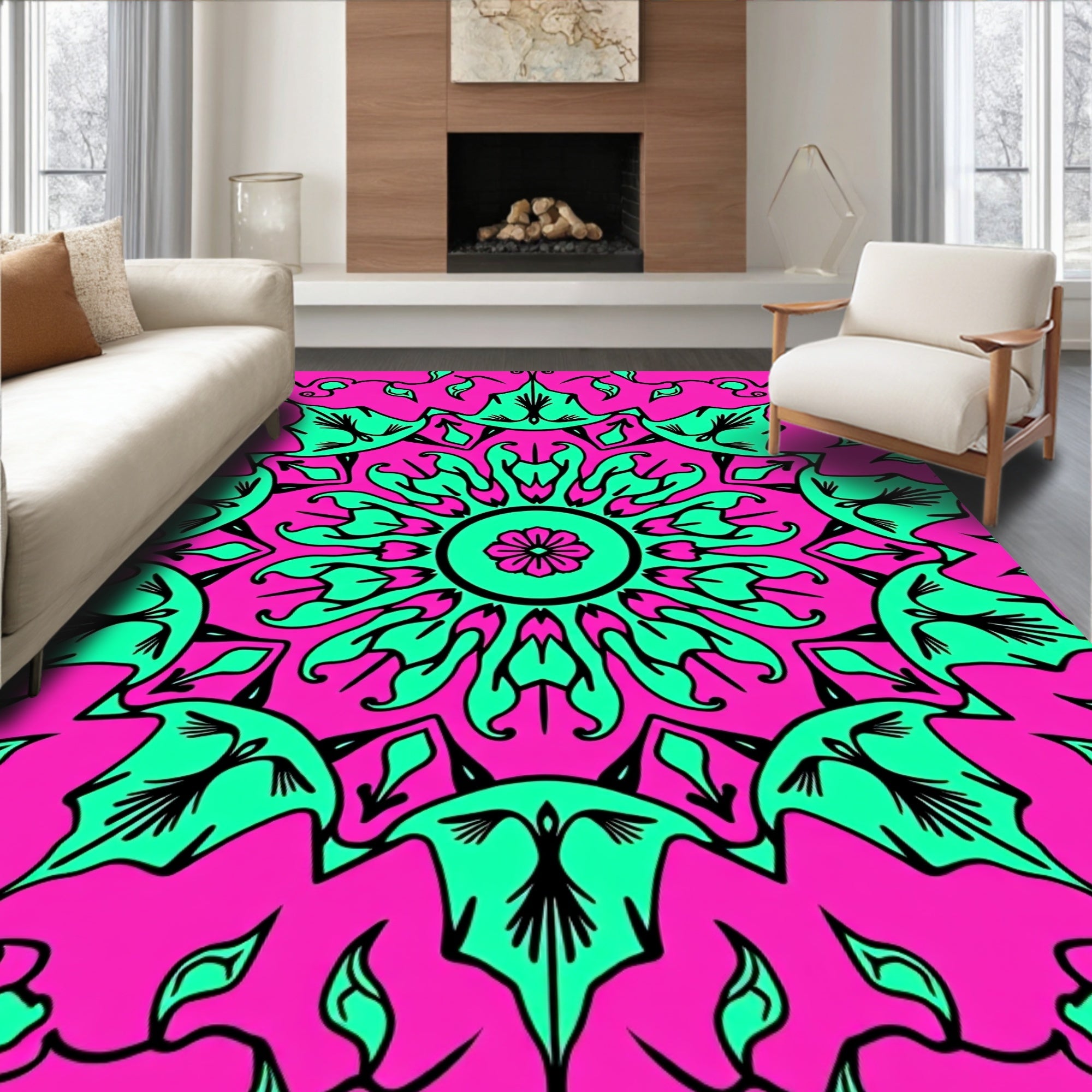 Vibrant Magenta Teal Floral Mandala Rug