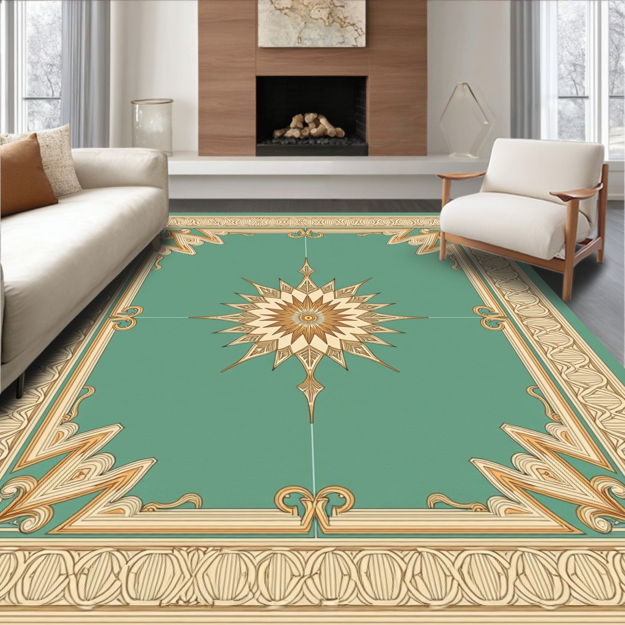 Teal Starburst Medallion Border Rug