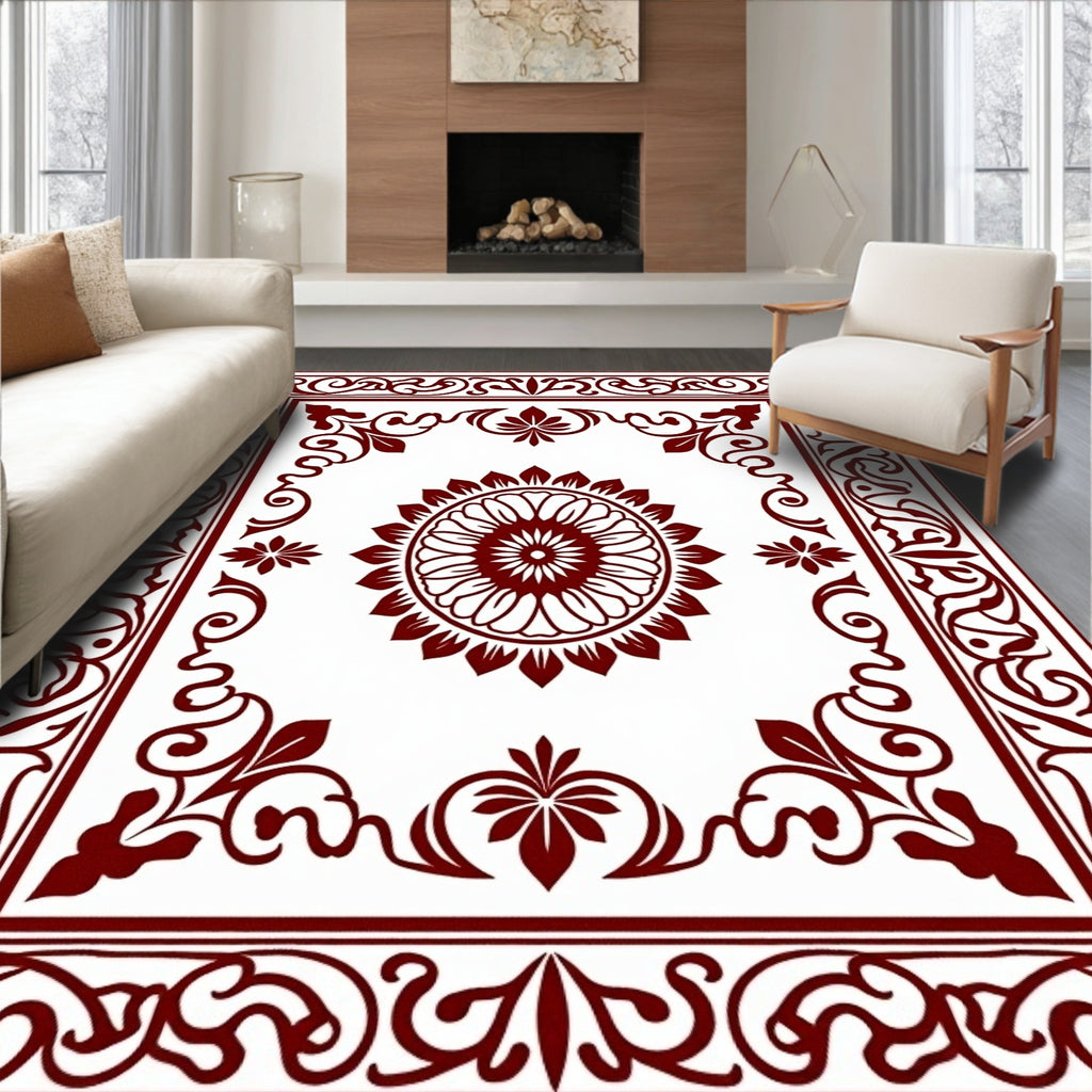 Deep Red Floral Medallion Border Rug