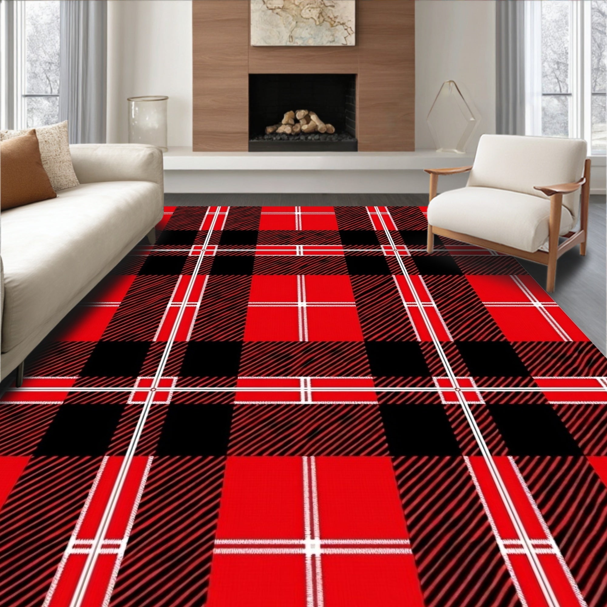 Classic Red Black Plaid Check Rug