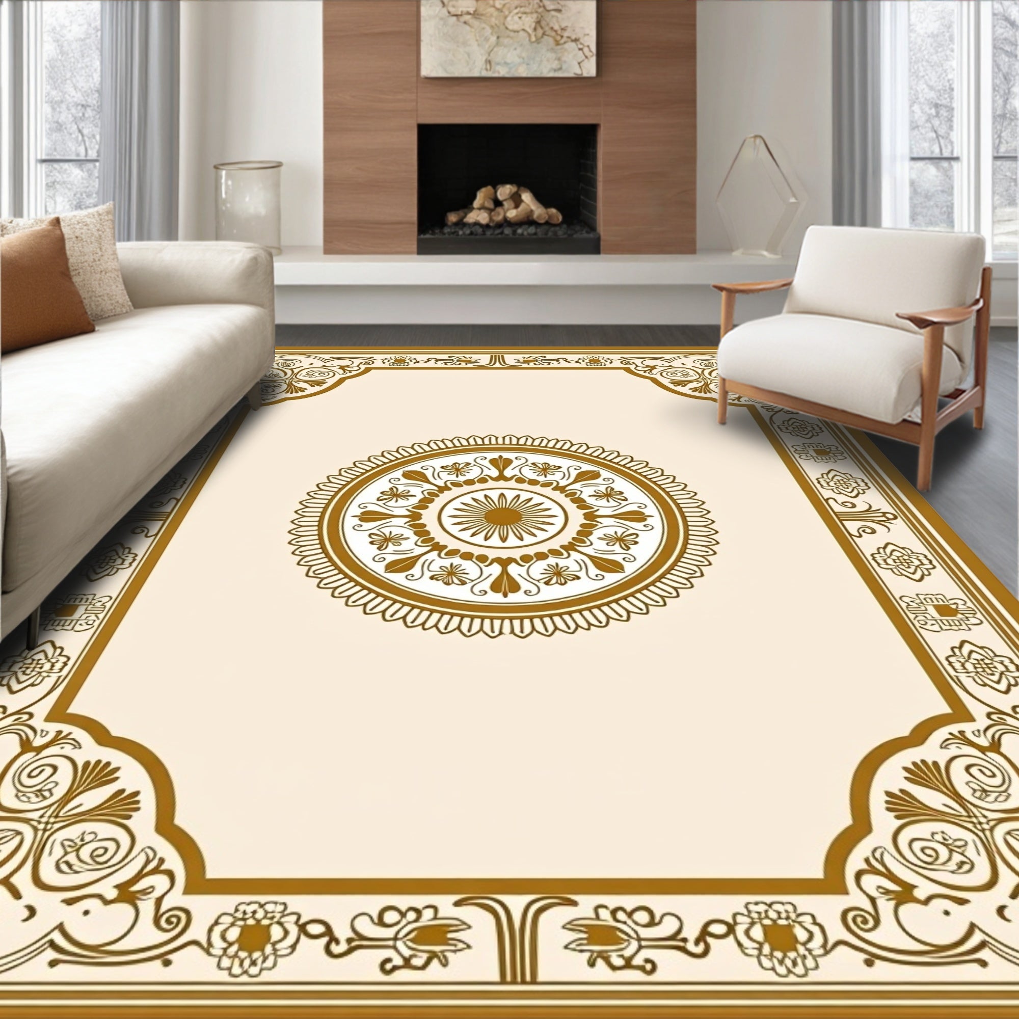 Golden Cream Arabesque Medallion Border Rug