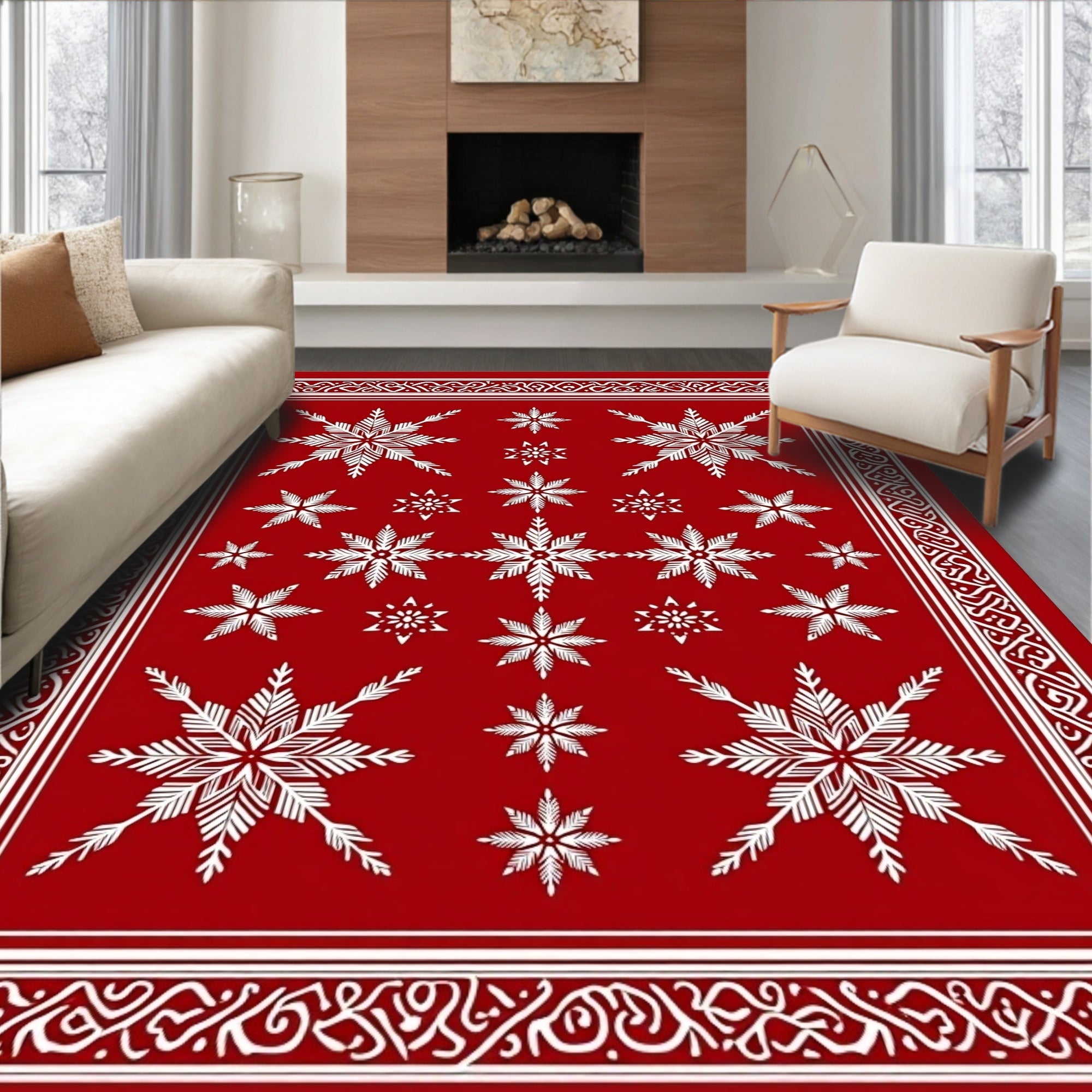 Crimson White Snowflake Collage Rug