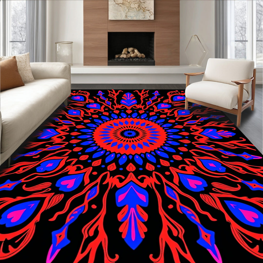 Crimson Blue Fiery Peacock Mandala Rug