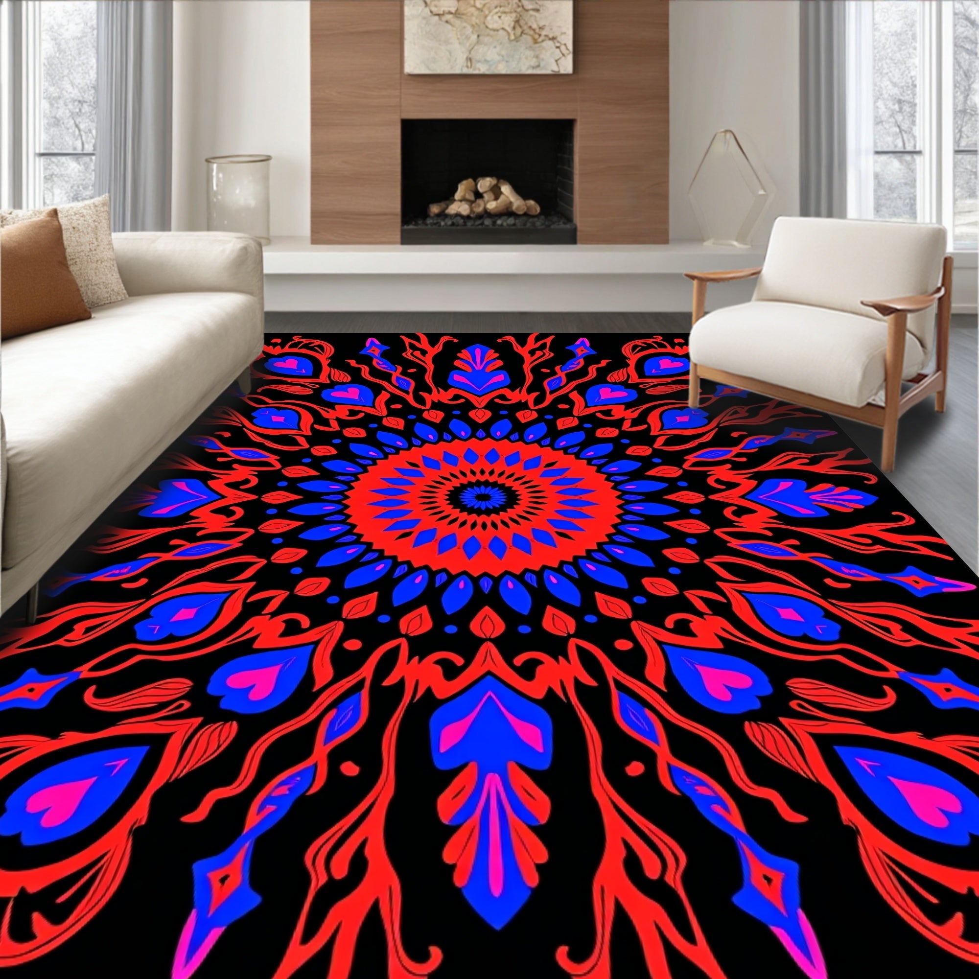 Crimson Blue Fiery Peacock Mandala Rug