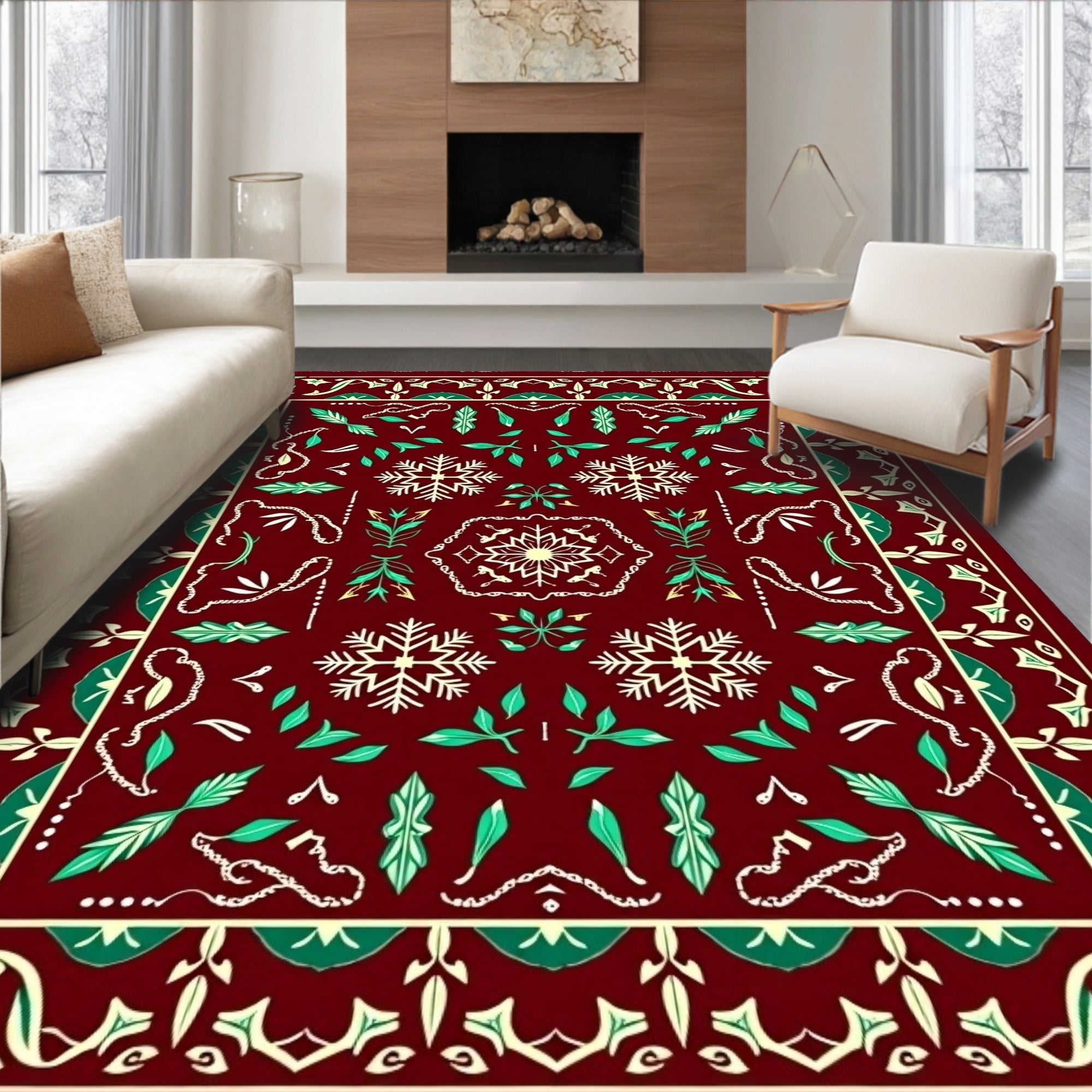 Deep Red Snowflake Garden Medallion Rug