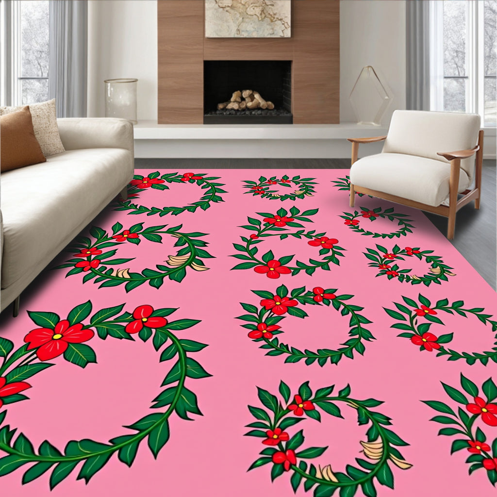 Red Floral Garland Wreath Arrangement Rug