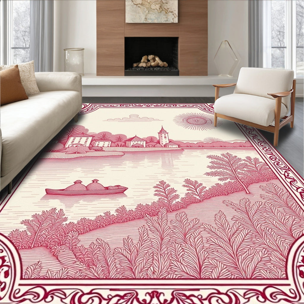 Crimson Lakeside Village Scene Rug