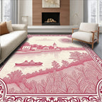 Crimson Lakeside Village Scene Rug