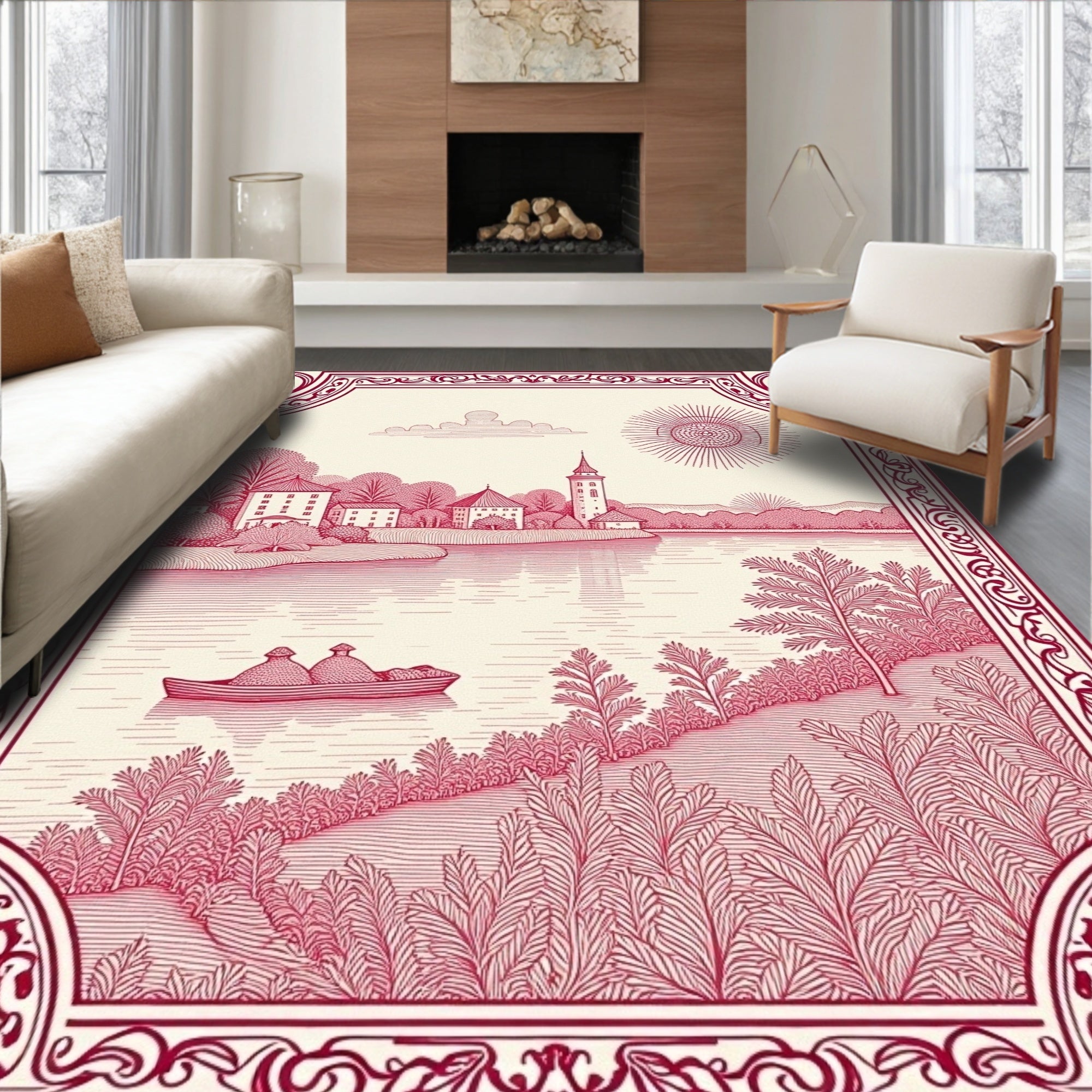 Crimson Lakeside Village Scene Rug