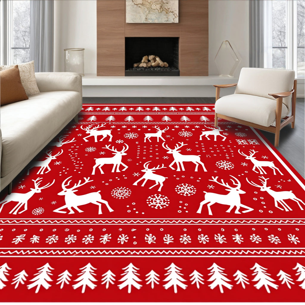 Winter Reindeer Snowflake Forest Scene Rug
