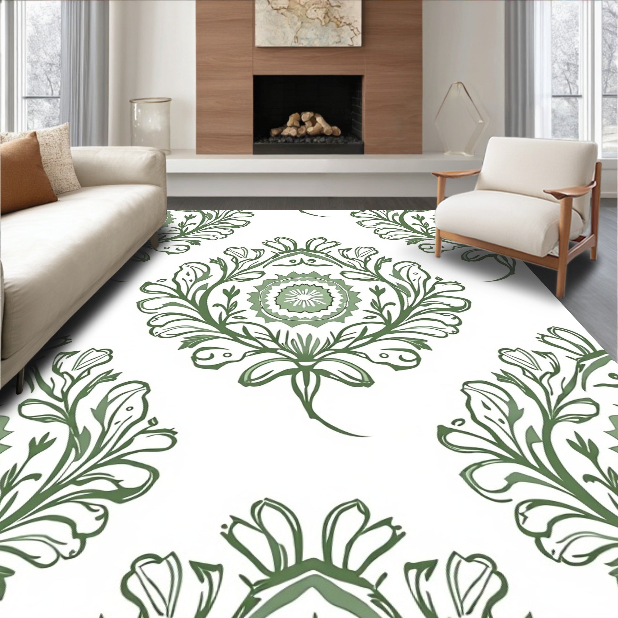 Sage Green Floral Medallion Repeat Rug