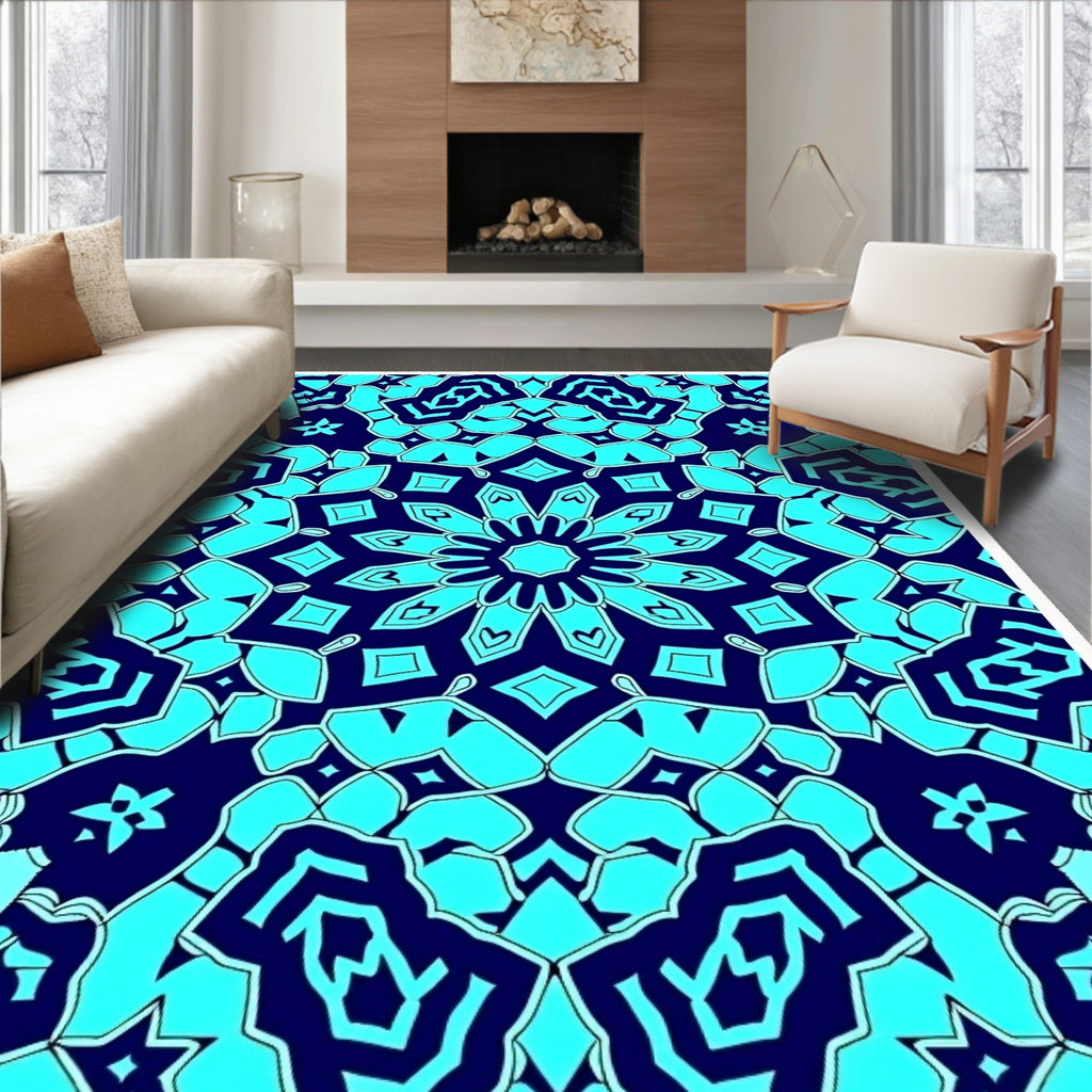 Vibrant Cyan Medallion Symmetry Rug