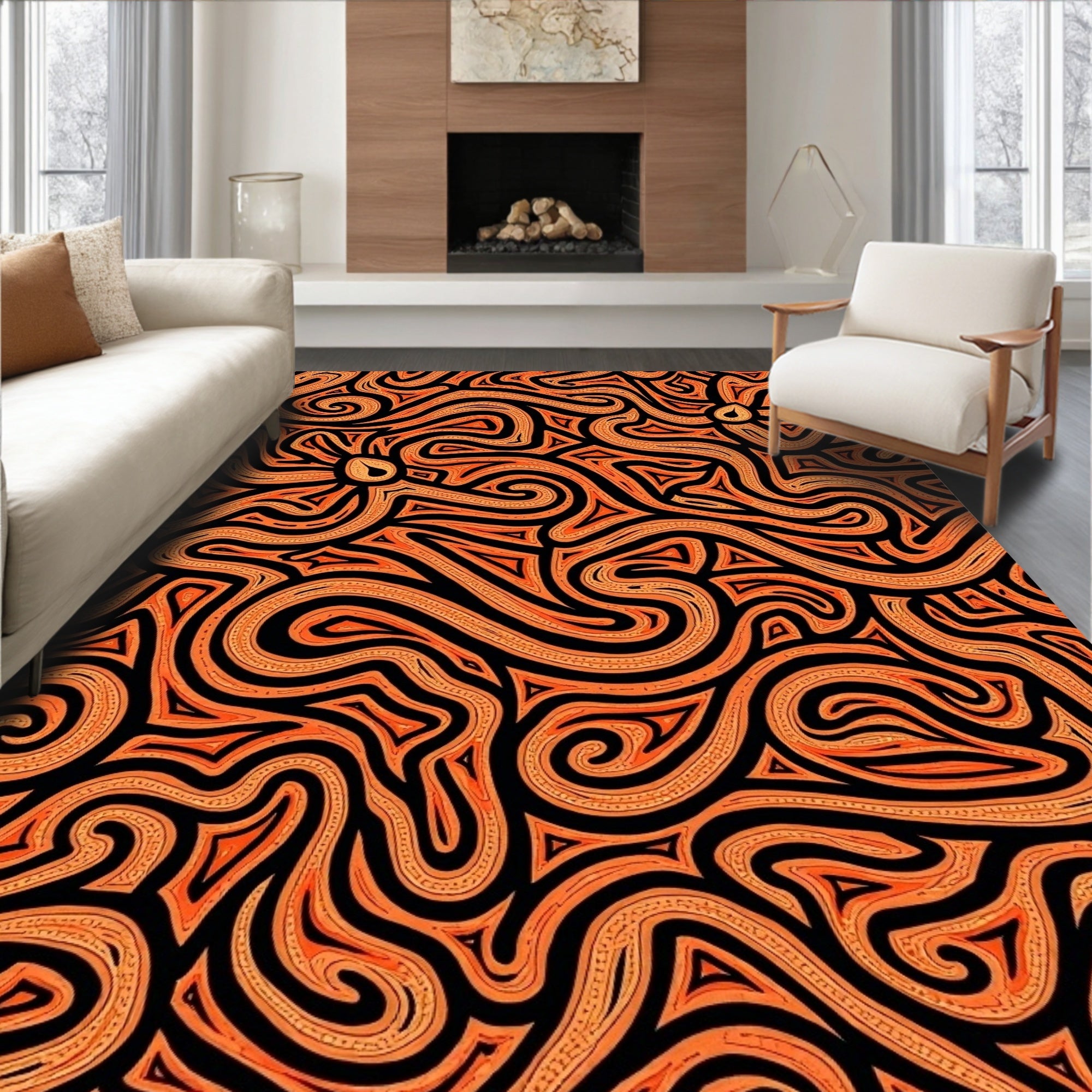 Vibrant Orange Swirl Abstract Rug