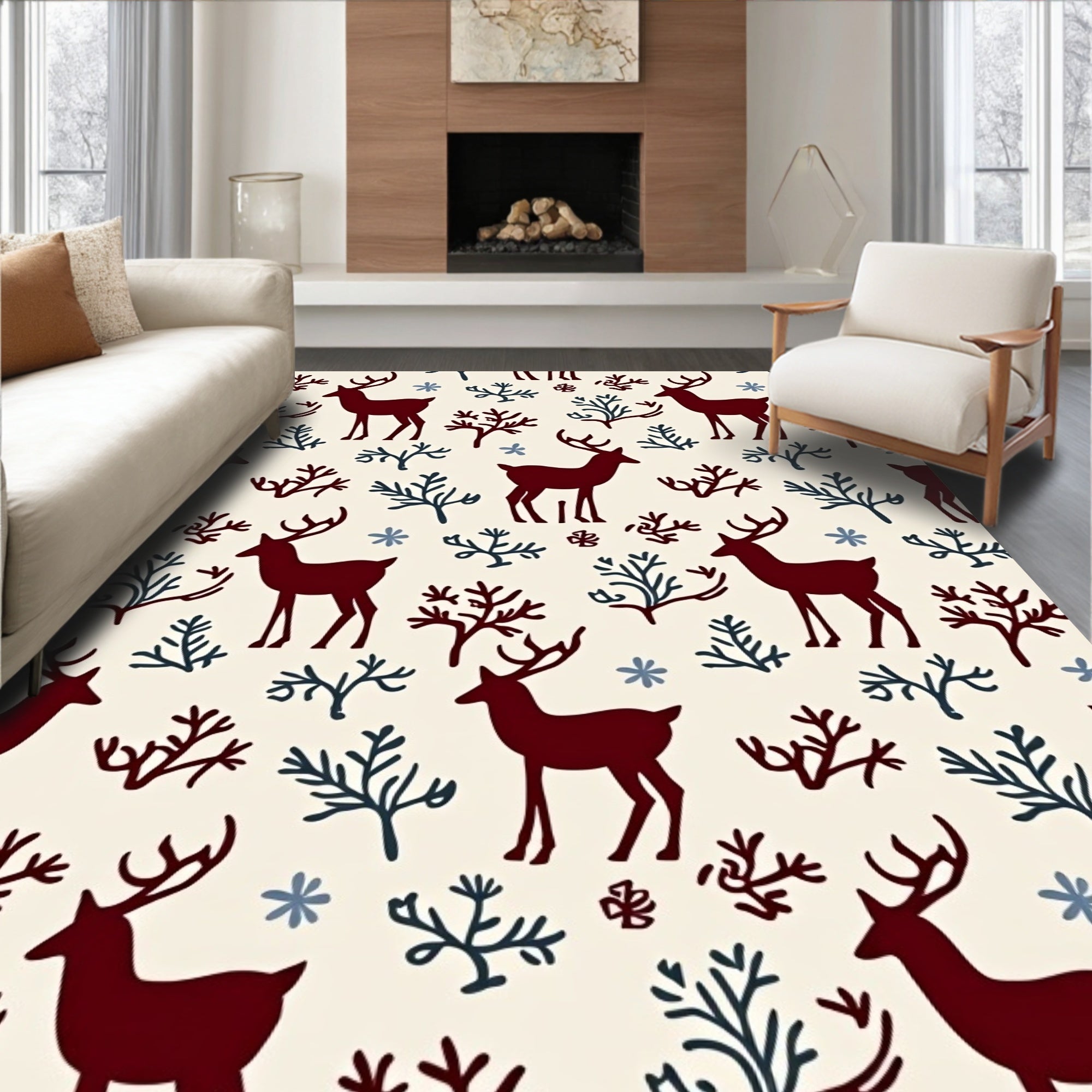 Deep Red Deer Woodland Sprig Rug