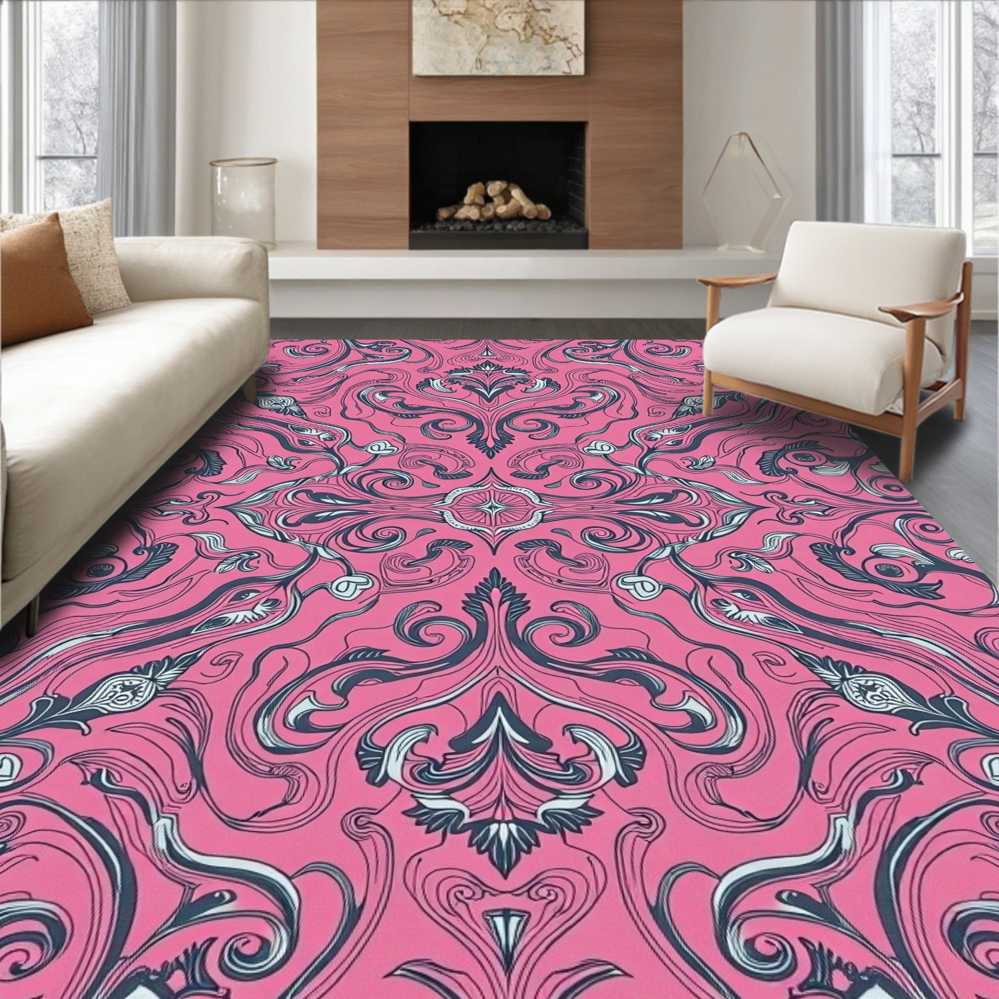 Vibrant Pink Swirling Floral Damask Rug