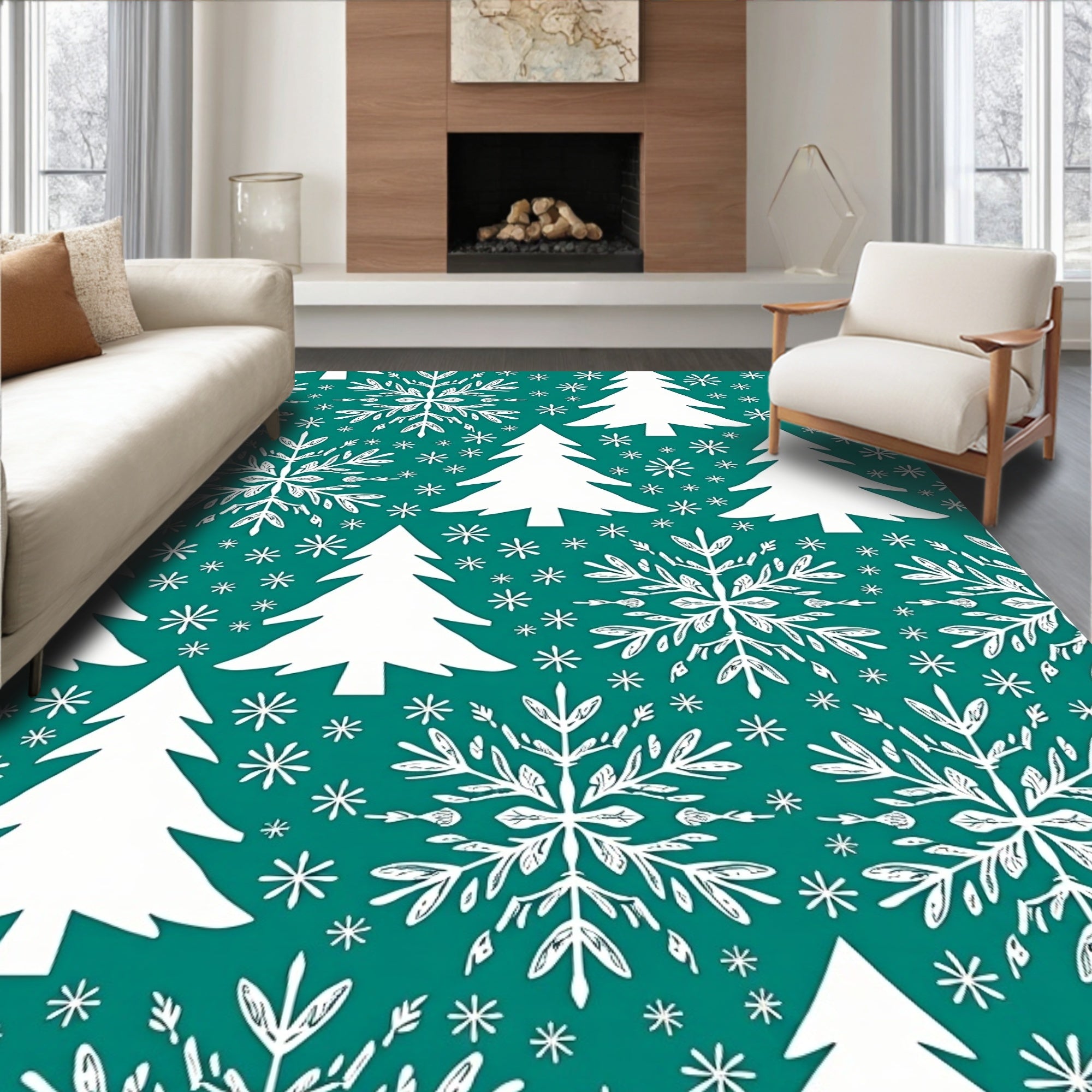 Teal Snowflake Christmas Tree Repeat Rug