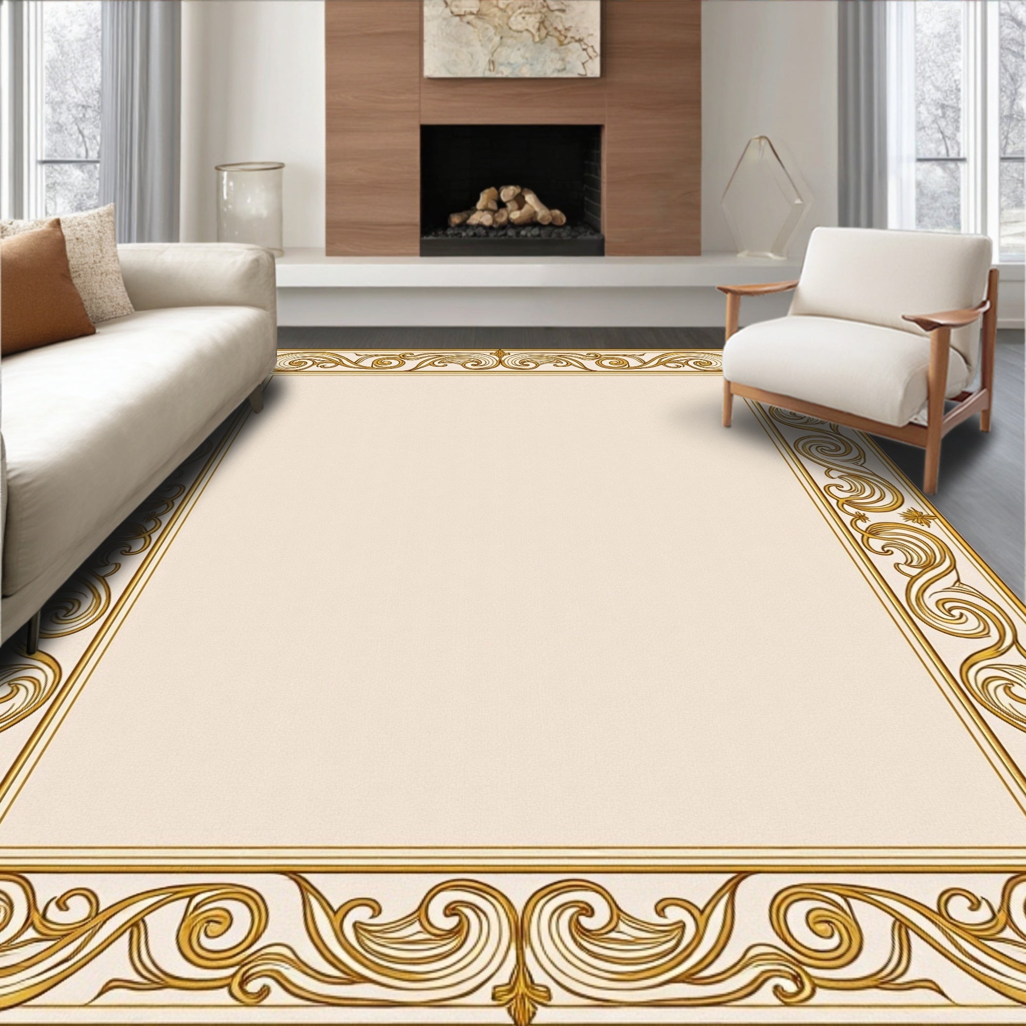 Golden Cream Ornate Scroll Border Rug