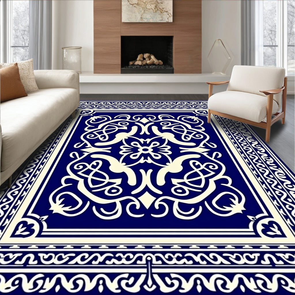 Navy Ivory Ornate Scrollwork Mandala Rug