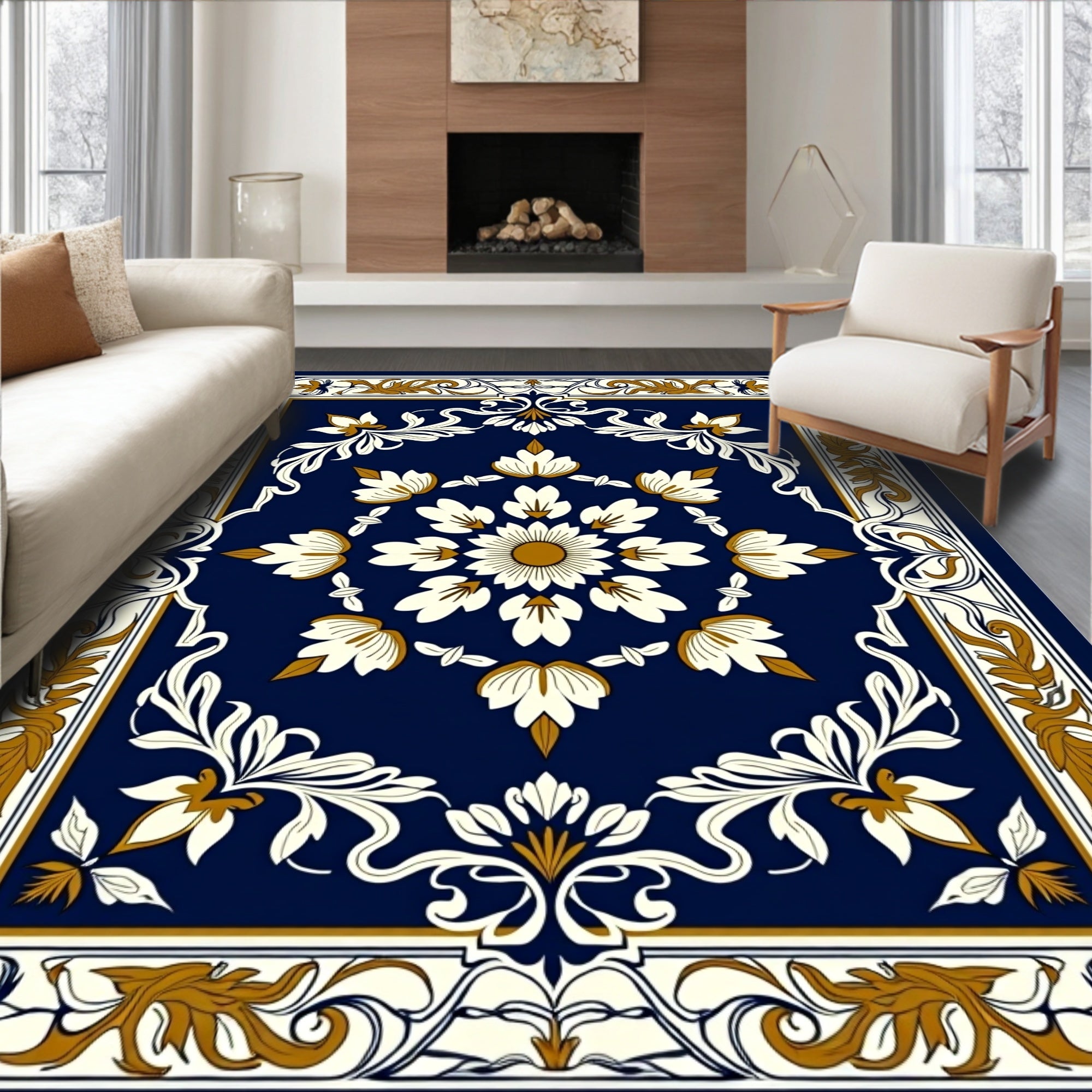 Navy Gold White Floral Medallion Frame Rug