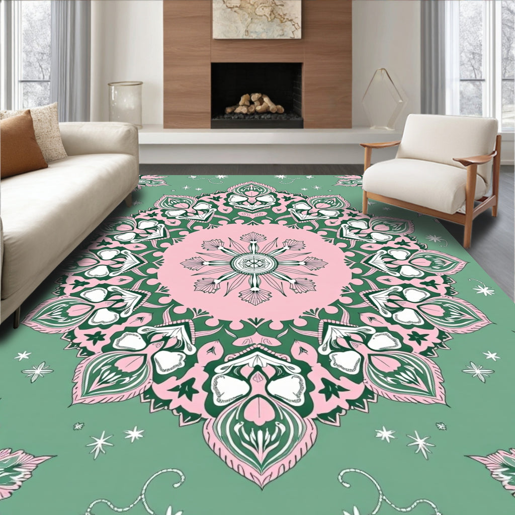 Pink and Green Floral Mandala Rug