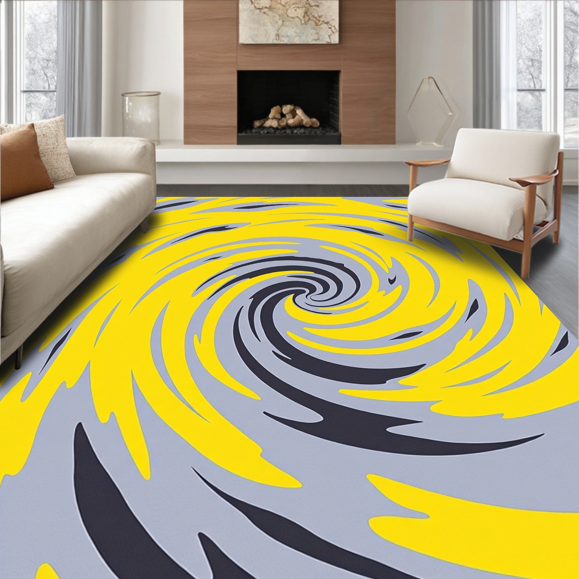 Vibrant Yellow Gray Swirl Rug